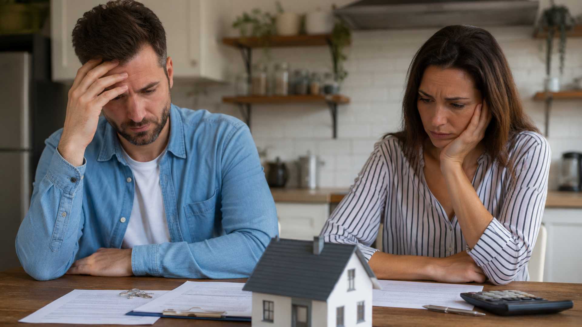 Un couple en instance de divorce examine des documents et une maquette de maison afin de décider du sort de leur bien immobilier.