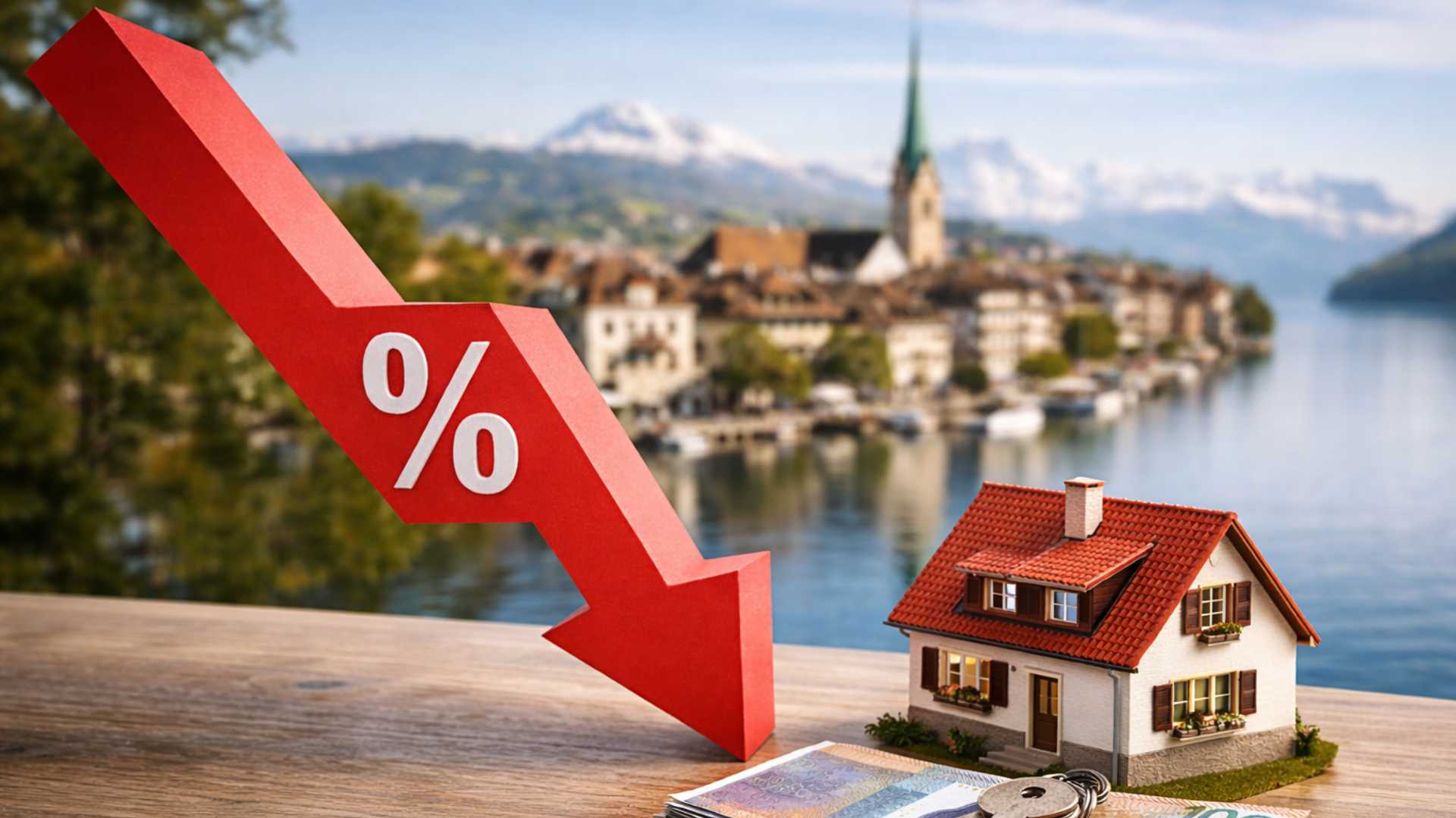Senkung des Leitzinses in der Schweiz, dargestellt durch ein Haus und einen nach unten gerichteten Pfeil als Symbol für den Immobilienmarkt.
