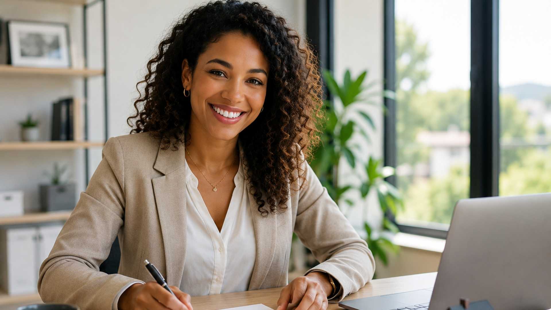 Femme souriante signant une offre d'achat immobilier dans un bureau moderne et lumineux.