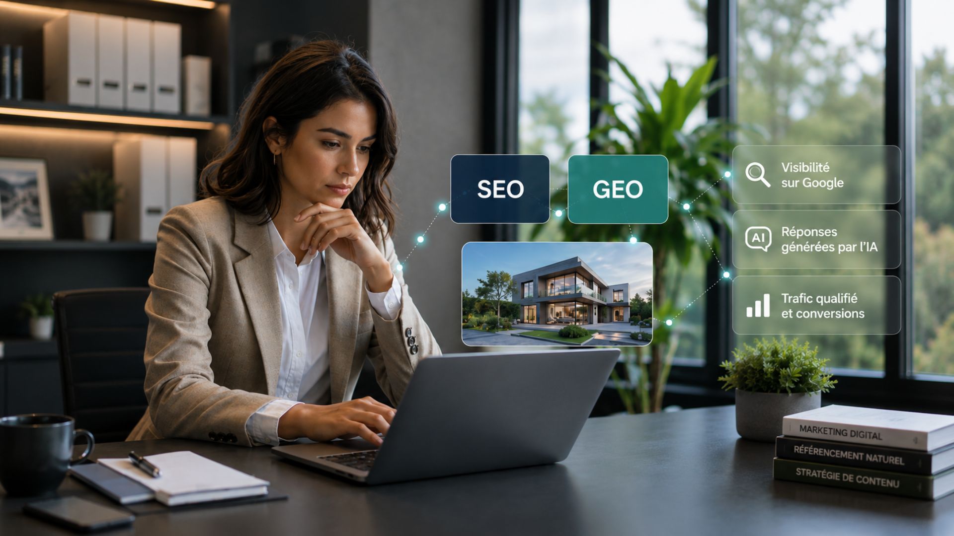 Professionnelle de l’immobilier optimisant la visibilité d’un bien en ligne grâce au SEO et au GEO pour les moteurs de recherche et l’IA.