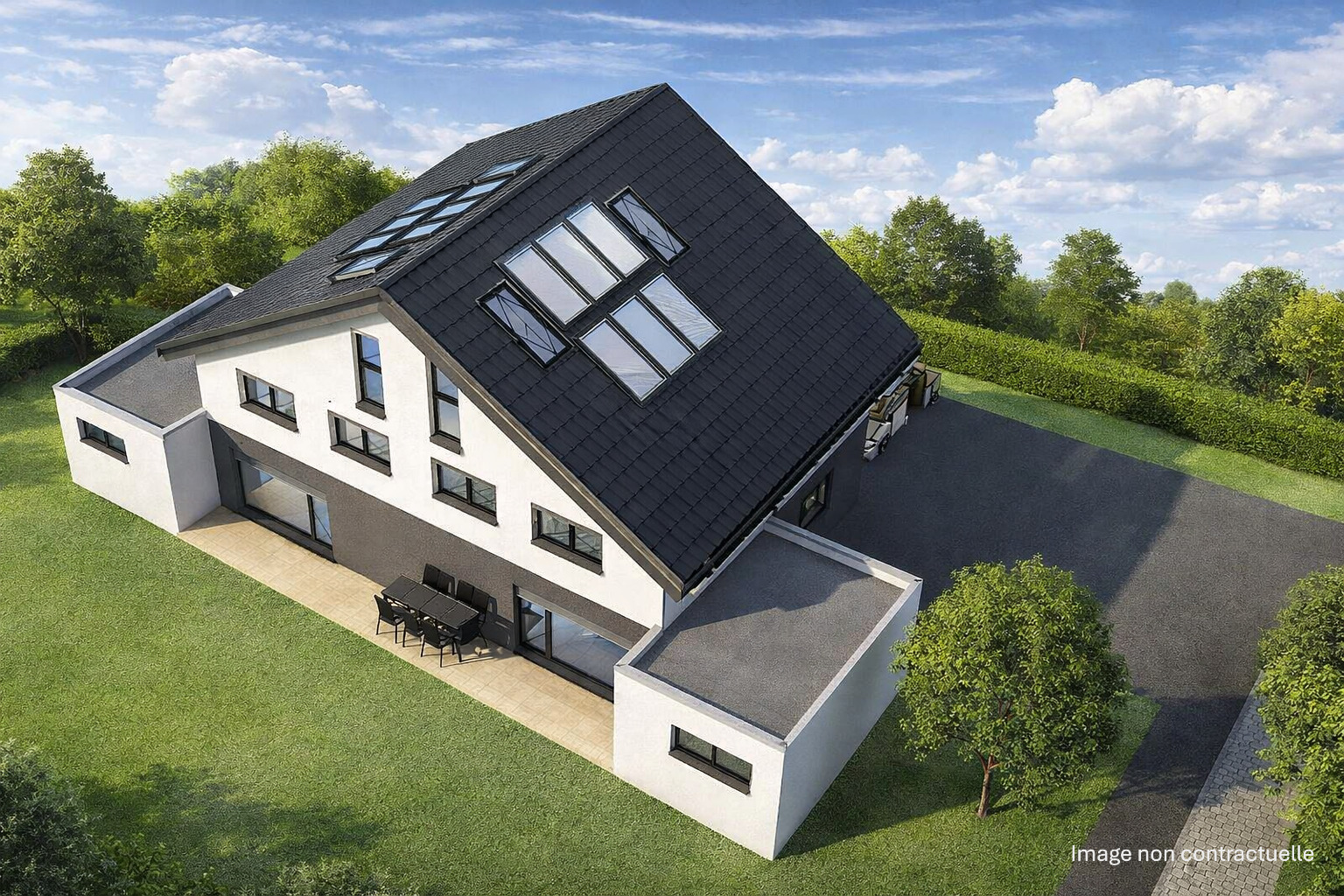 an aerial view of a modern home with a large roof