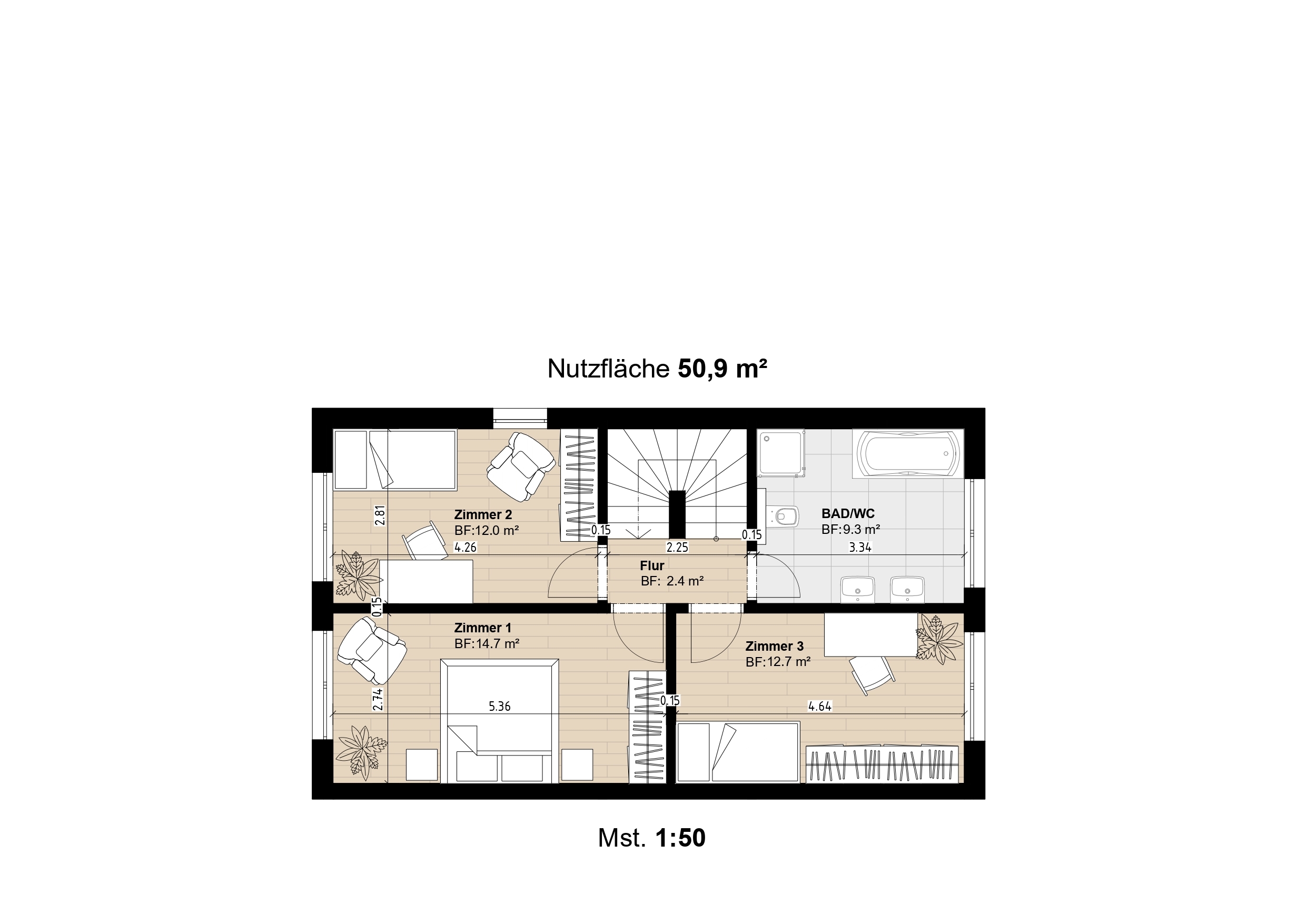 Grundrissplan Obergeschoss - 6.5 Zimmer-Reiheneinfamilienhaus am Kapuzinerberg in Rheinfelden AG