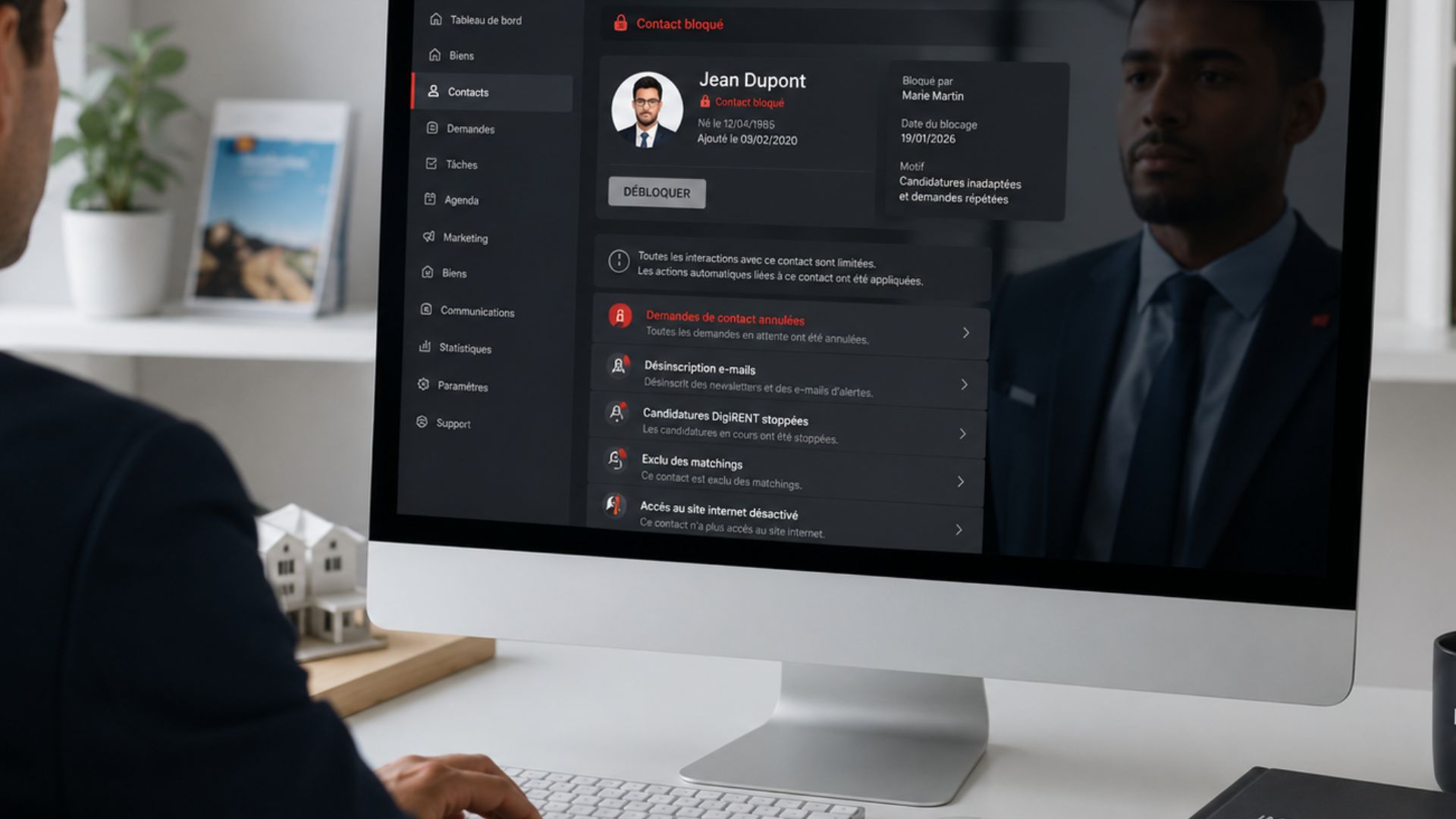 Interface du CRM Immomig® permettant de bloquer un contact et de gérer ses interactions au sein d’une agence immobilière.
