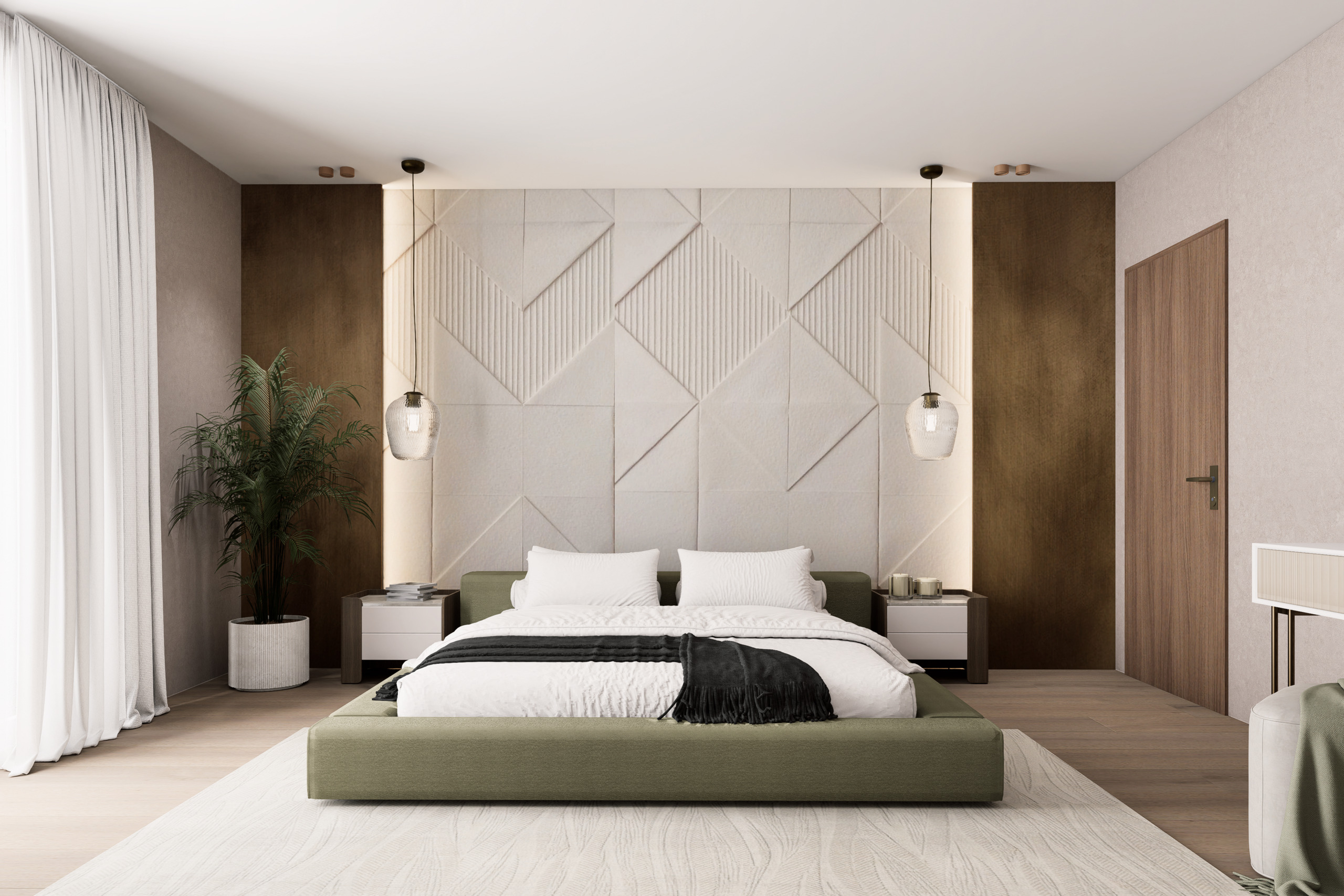 une chambre à coucher moderne avec des murs blancs et un grand lit