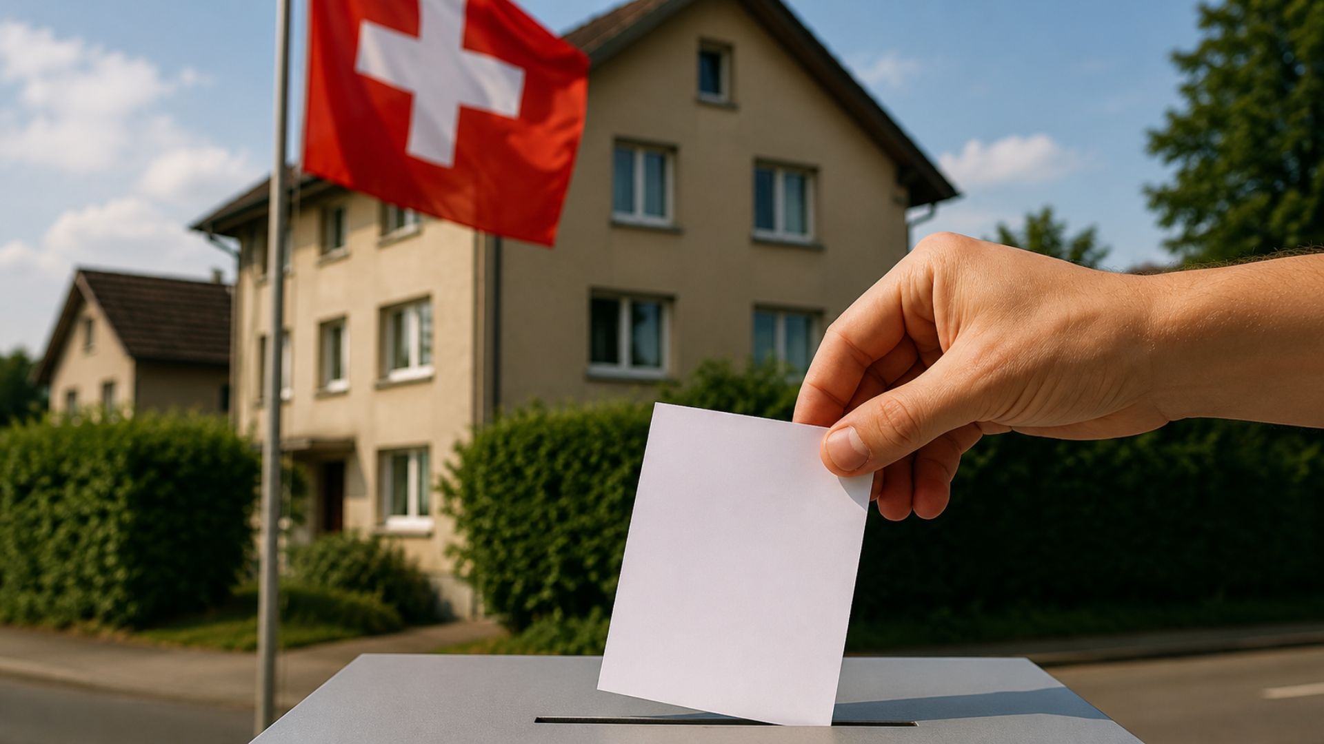 Main déposant un bulletin dans une urne devant une maison et un drapeau suisse, illustration d’une votation liée au marché immobilier en Suisse.