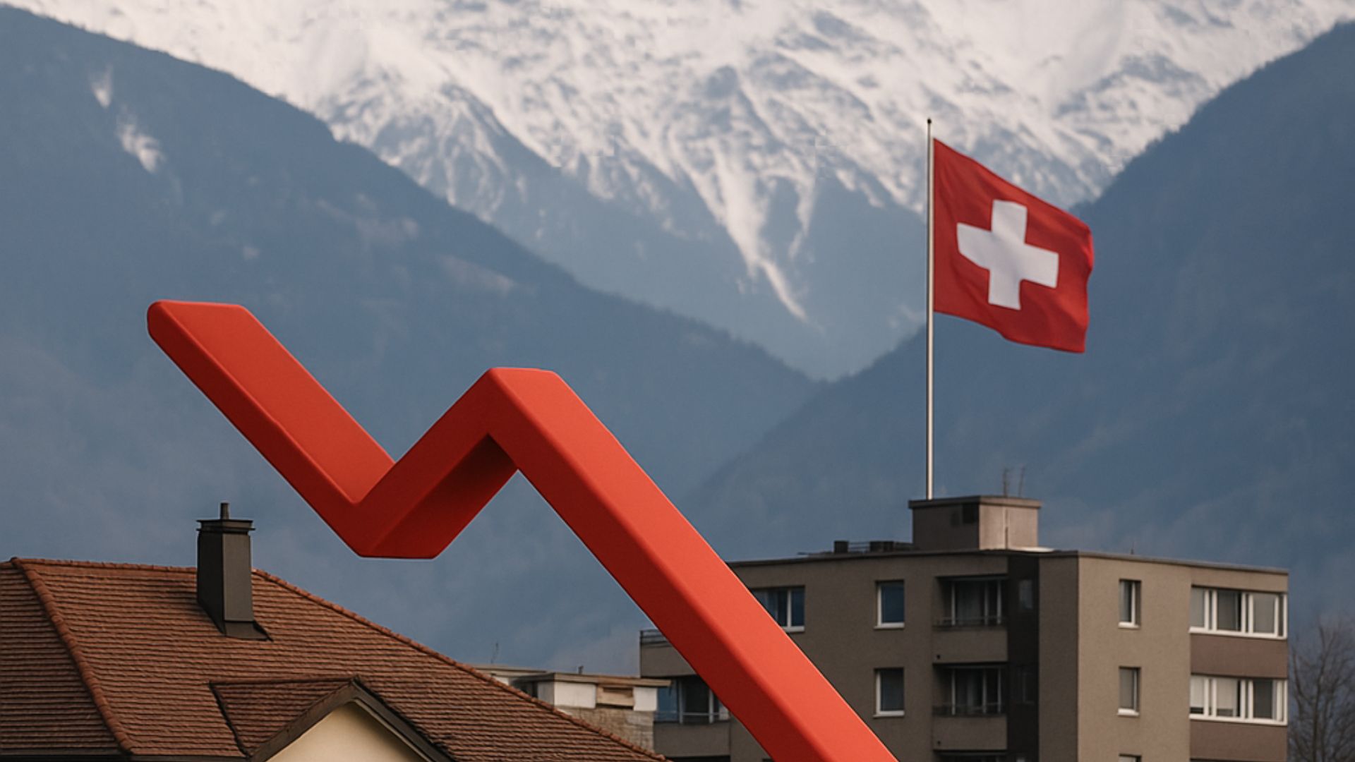 Swiss real estate market decline illustrated by a downward trend line in front of residential buildings and a Swiss flag.