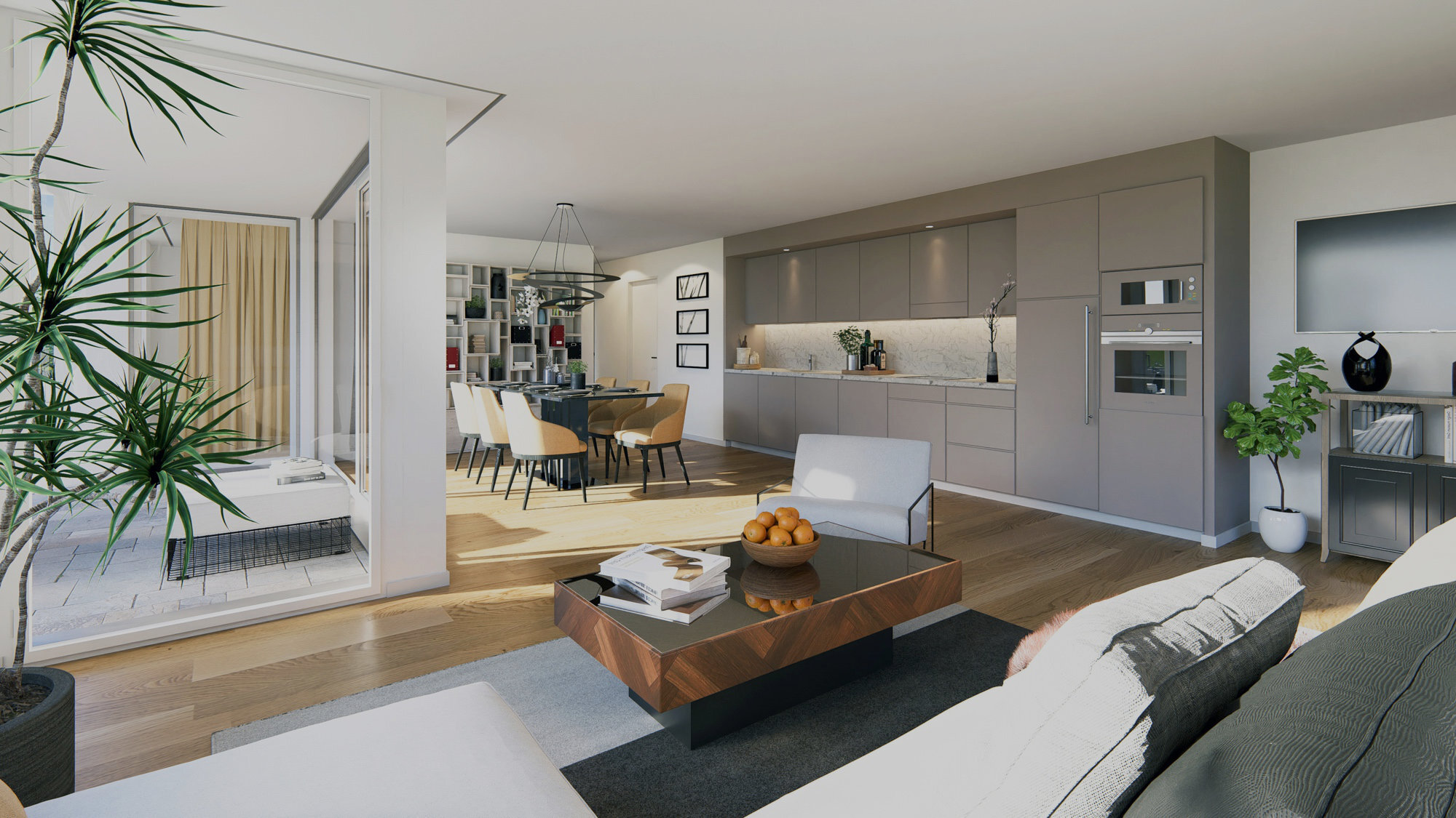 Appartements à vendre à Siviriez : pièce à vivre avec cuisine, salle à manger et salon.