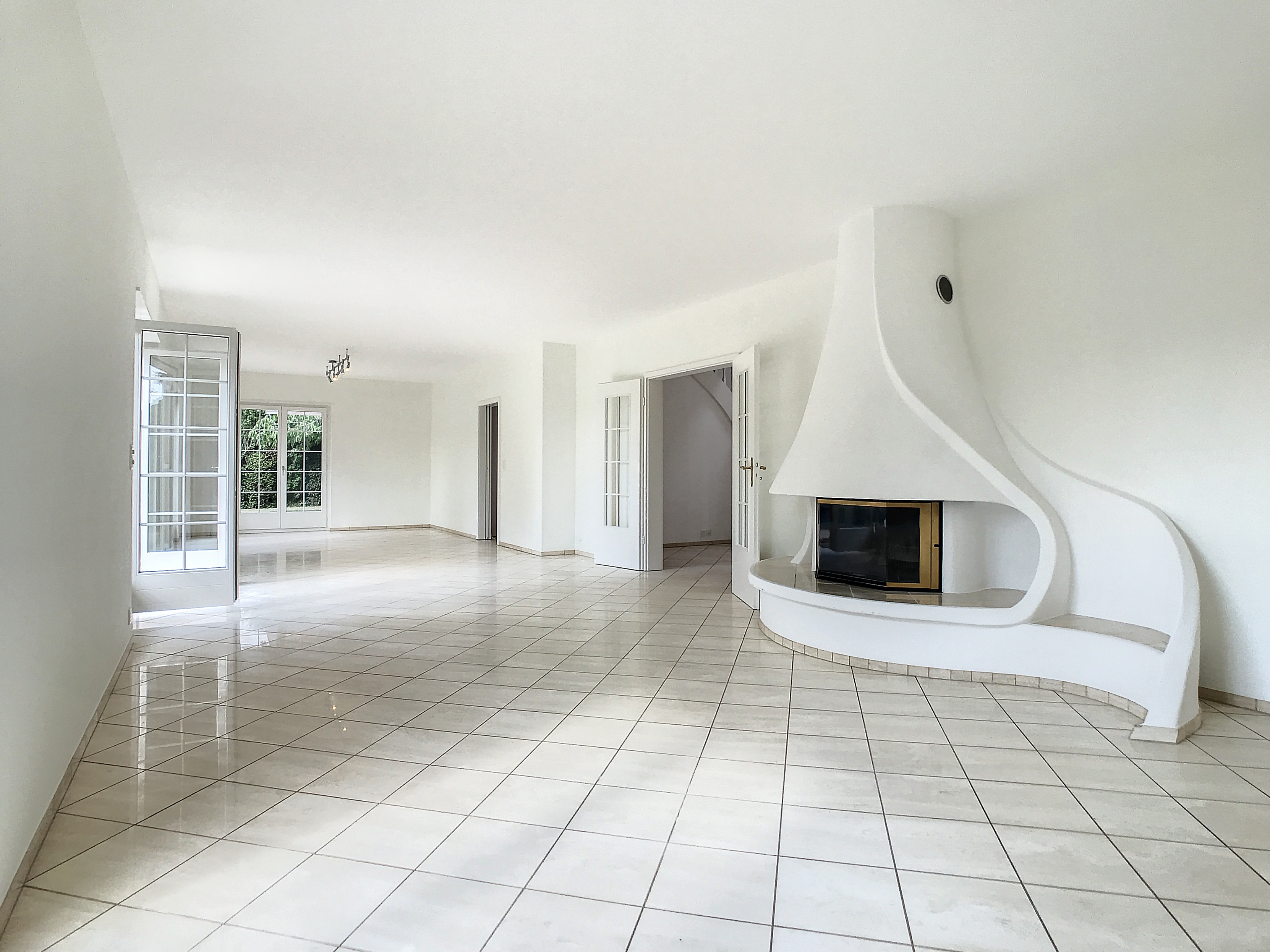 Pièce de vie avec cheminée et accès extérieur