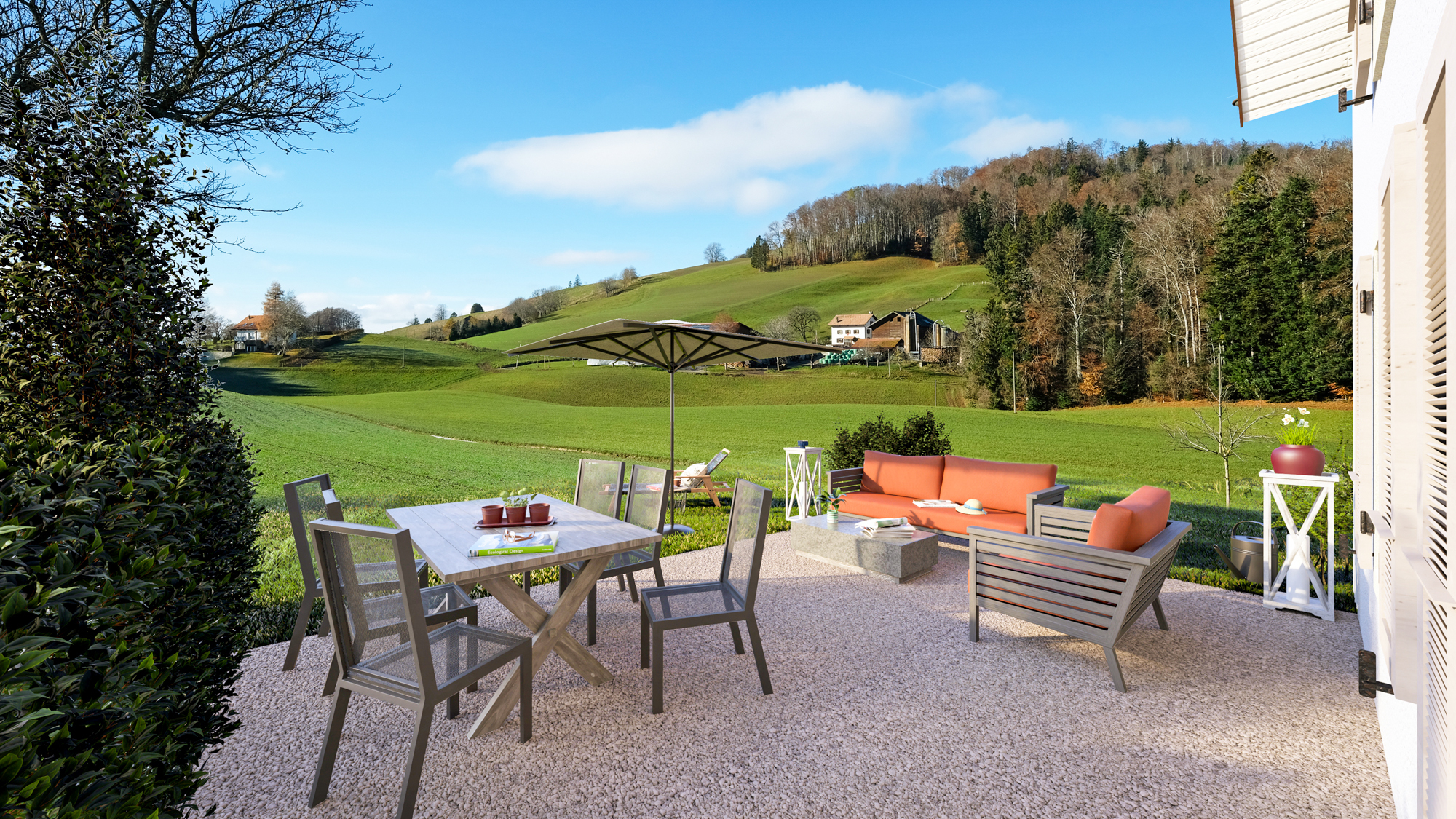 Projet immobilier à Villarimboud avec 2 maisons Domespace à vendre : la terrasse.