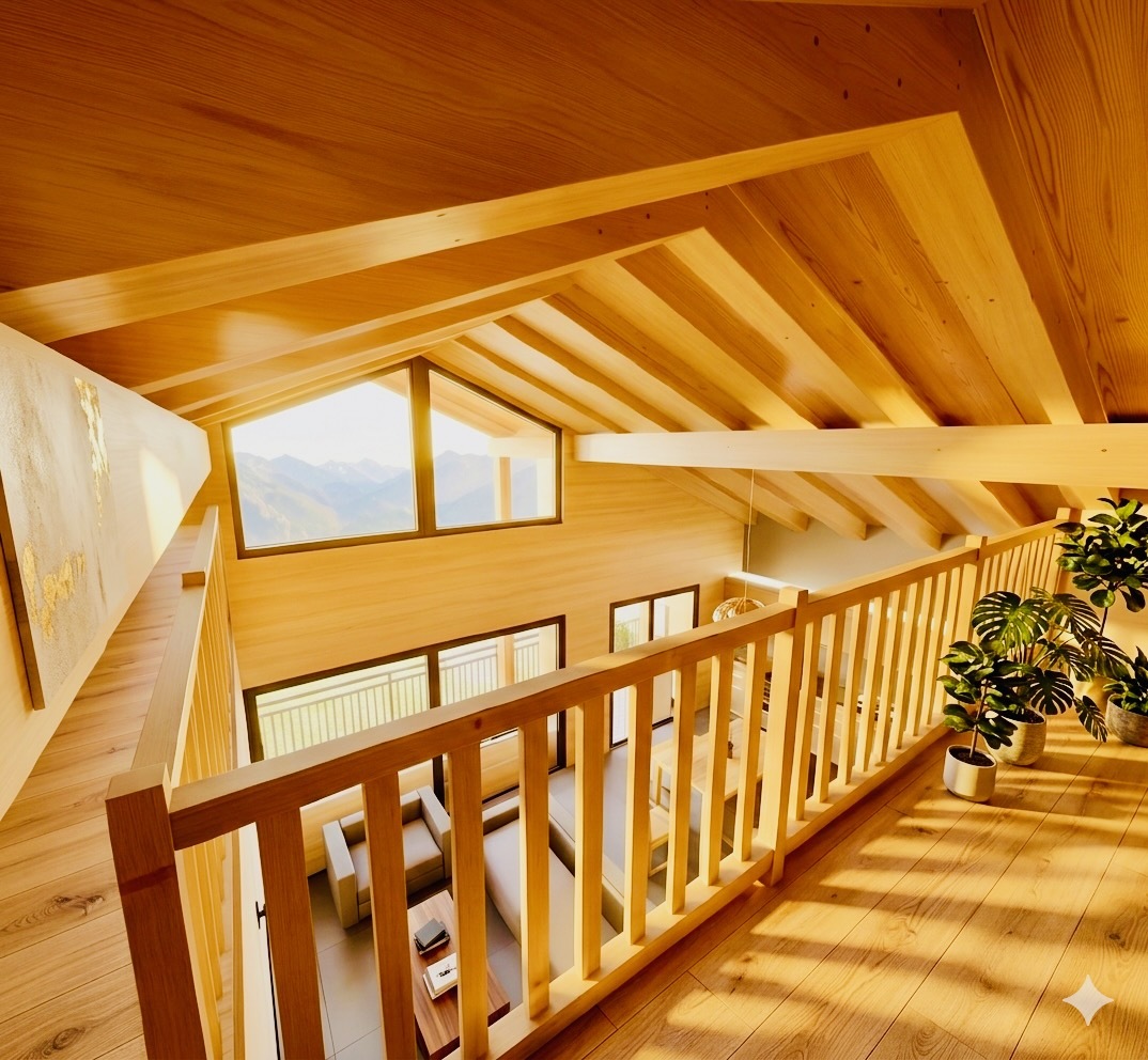 a view from the second level of a house shows a wooden staircase that leads up to the second level of the house, with a balcony and potted plant on the second floor a view from the second level of a house shows a wooden staircase that leads up to the second level of the house, with a balcony and potted plant on the second floor