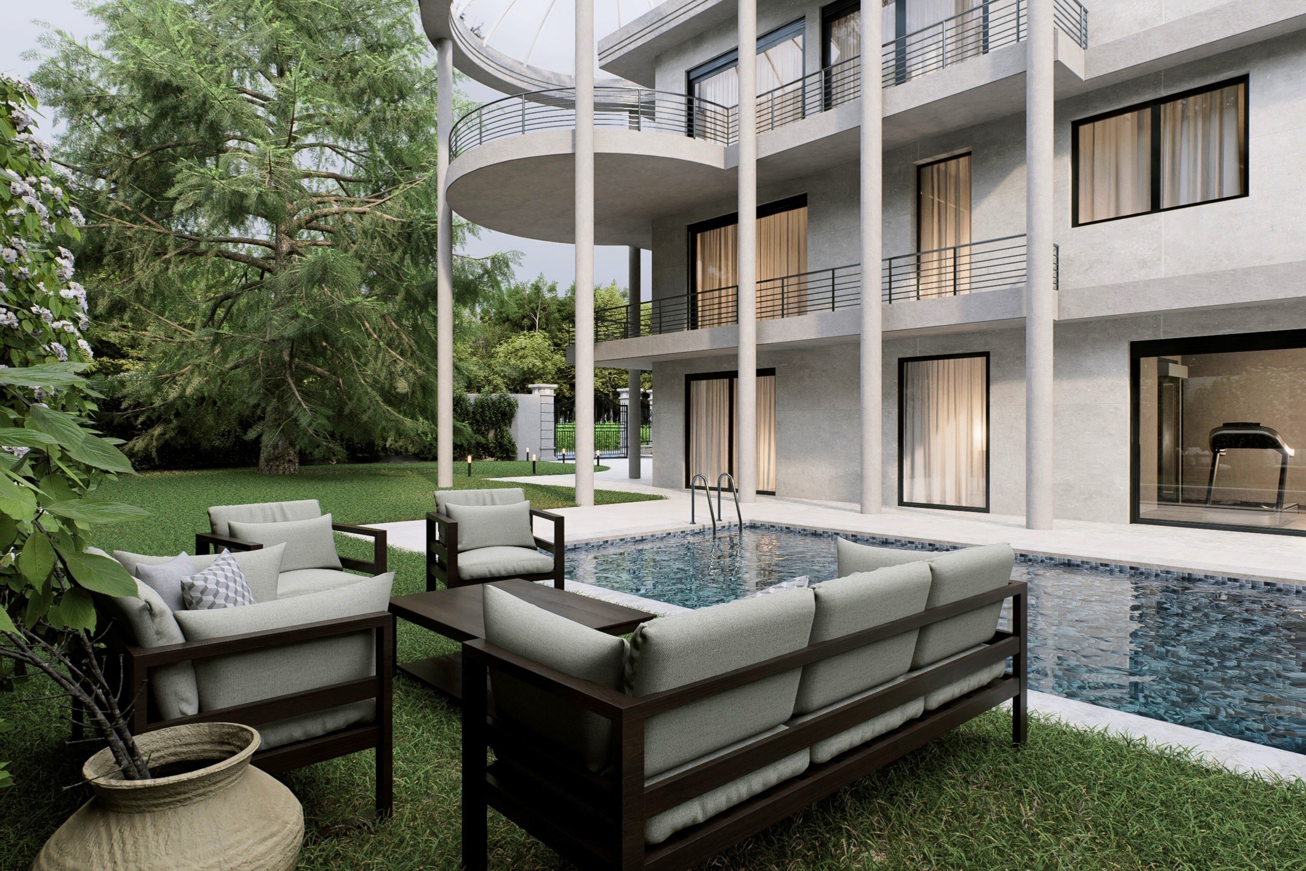 photo d'une maison moderne et d'une piscine vue de l'extérieur