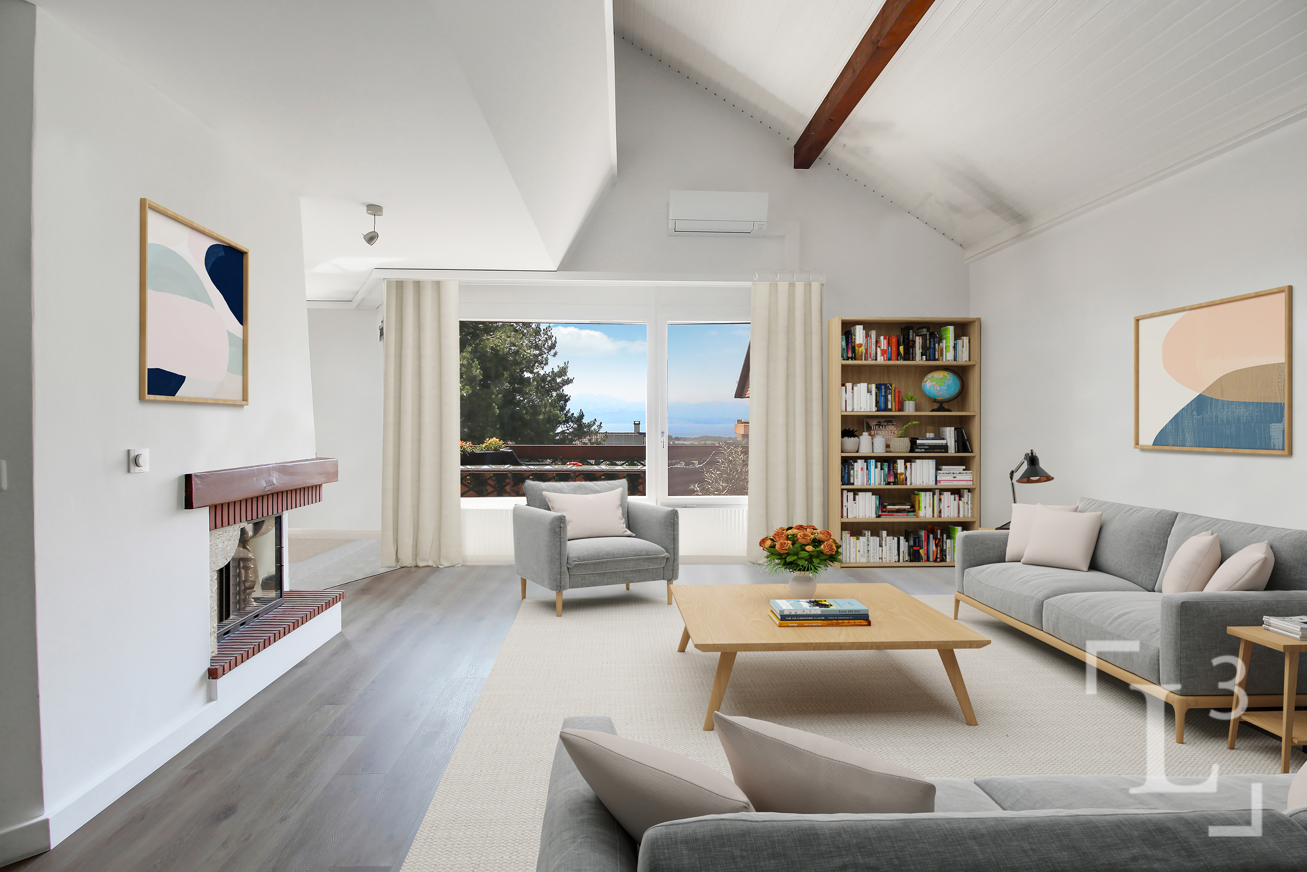 Home staging : Séjour avec cheminée et vue lac (Rez) Home staging : Séjour avec cheminée et vue lac (Rez)