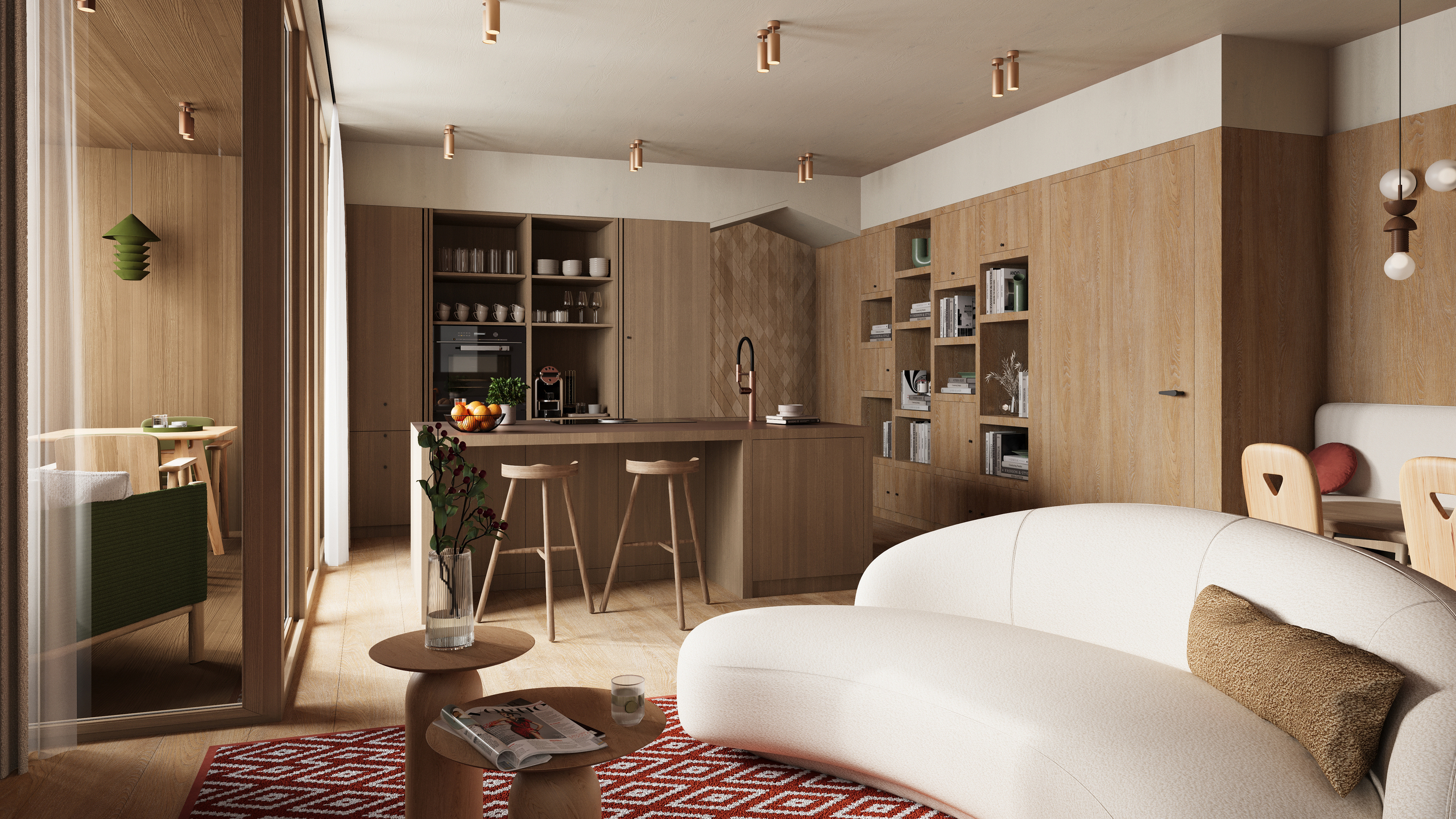 Traditionelle Merkmale und Materialien verschmelzen mit modernem Design. Ein schräger Eingangsbereich, inspiriert von der unverwechselbaren Dachtraufe eines Chalets, verleiht dem Haus schon beim Betreten Charakter. Im Inneren sind es die kühnen Formen der