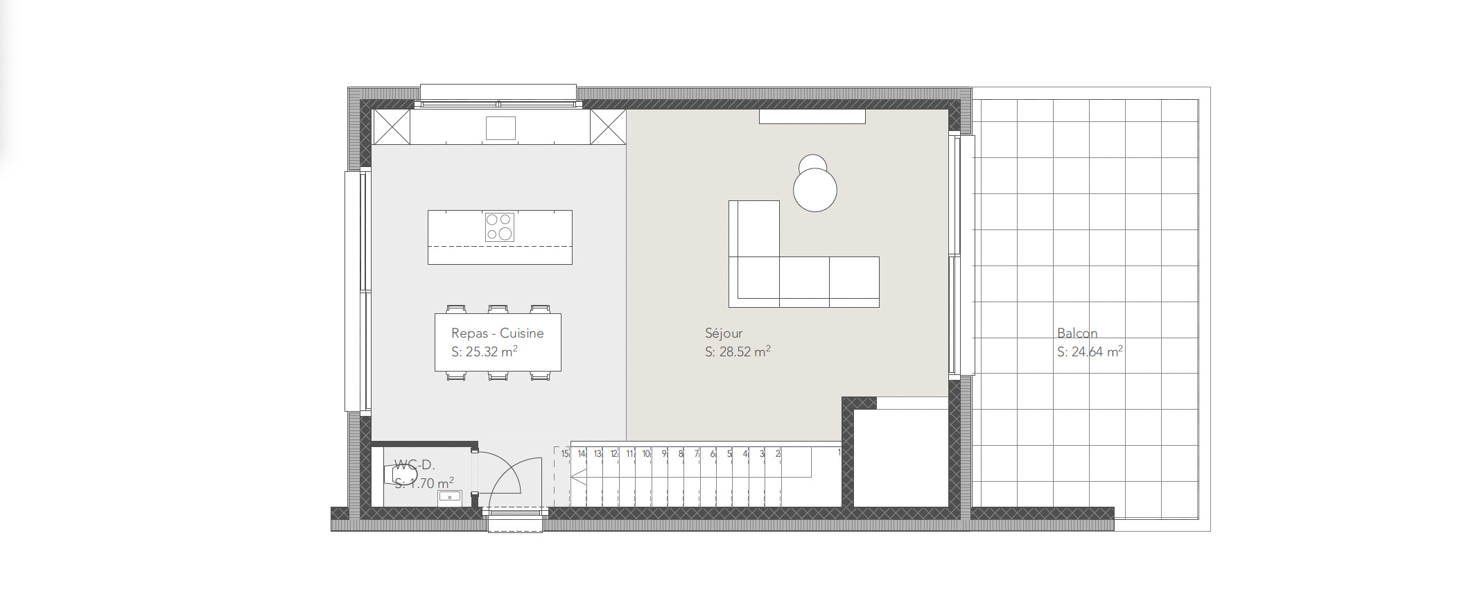 Séjour et cuisine 3ème étage 