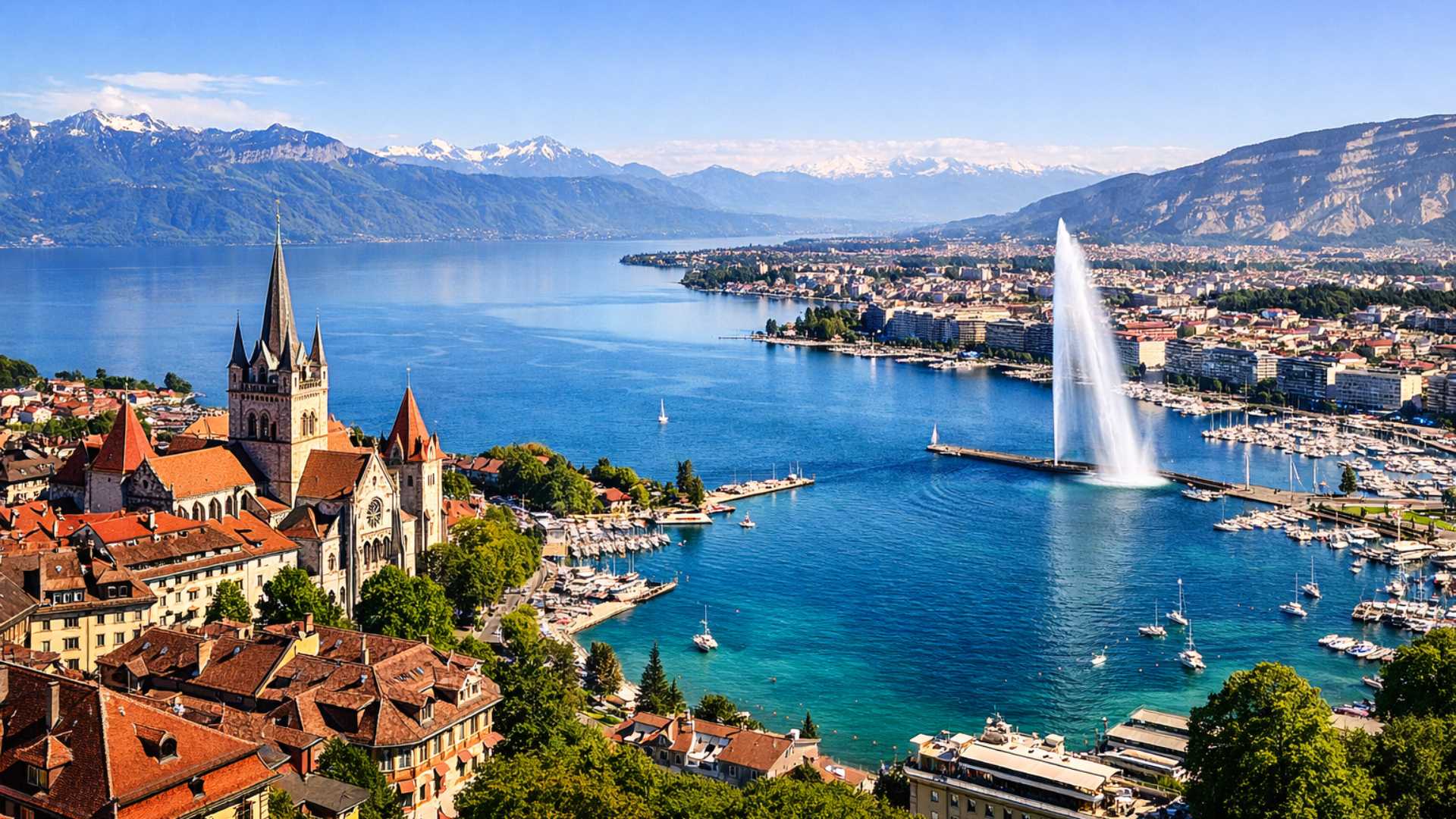 An image of Lausanne on the left and Geneva on the right.
