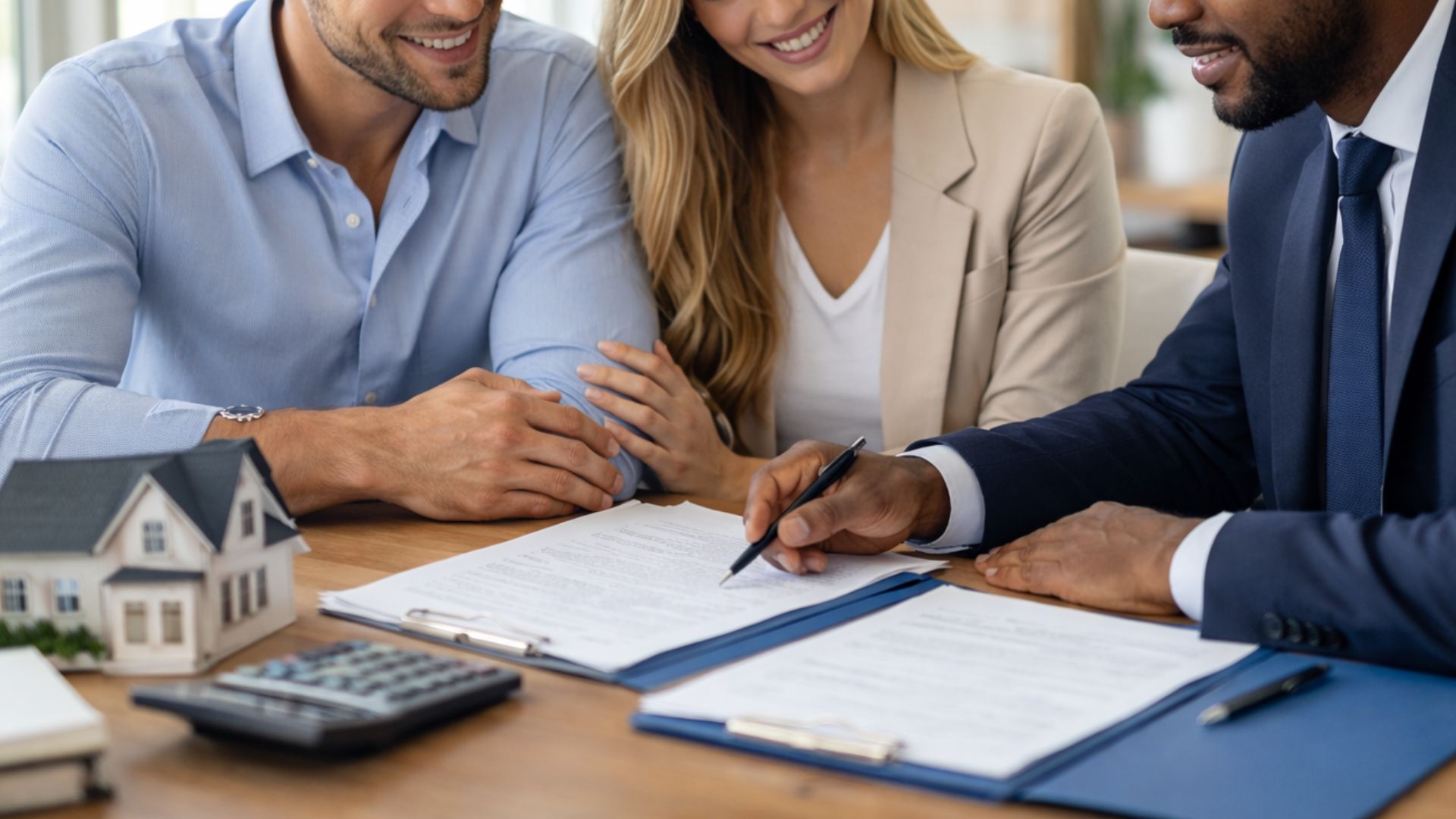 Un couple rencontre un notaire de couleur dans un bureau lumineux pour finaliser les documents d’achat d’une maison.