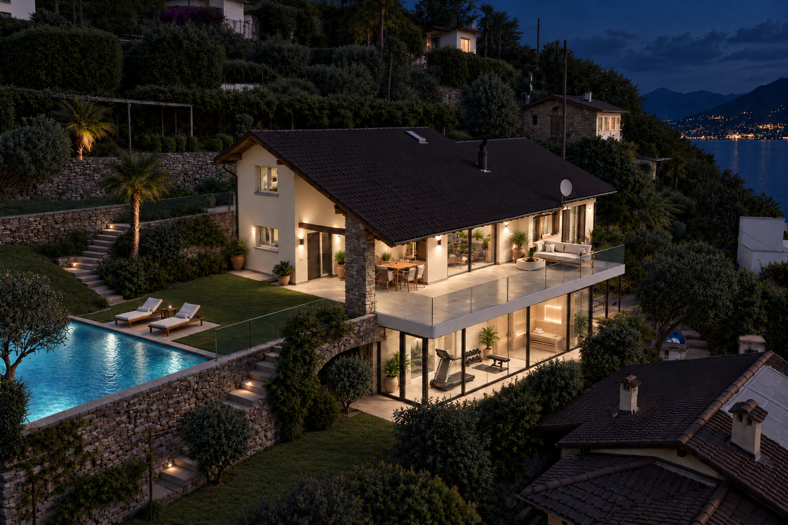 Rendering Haus mit Pool by night Rendering Haus mit Pool by night