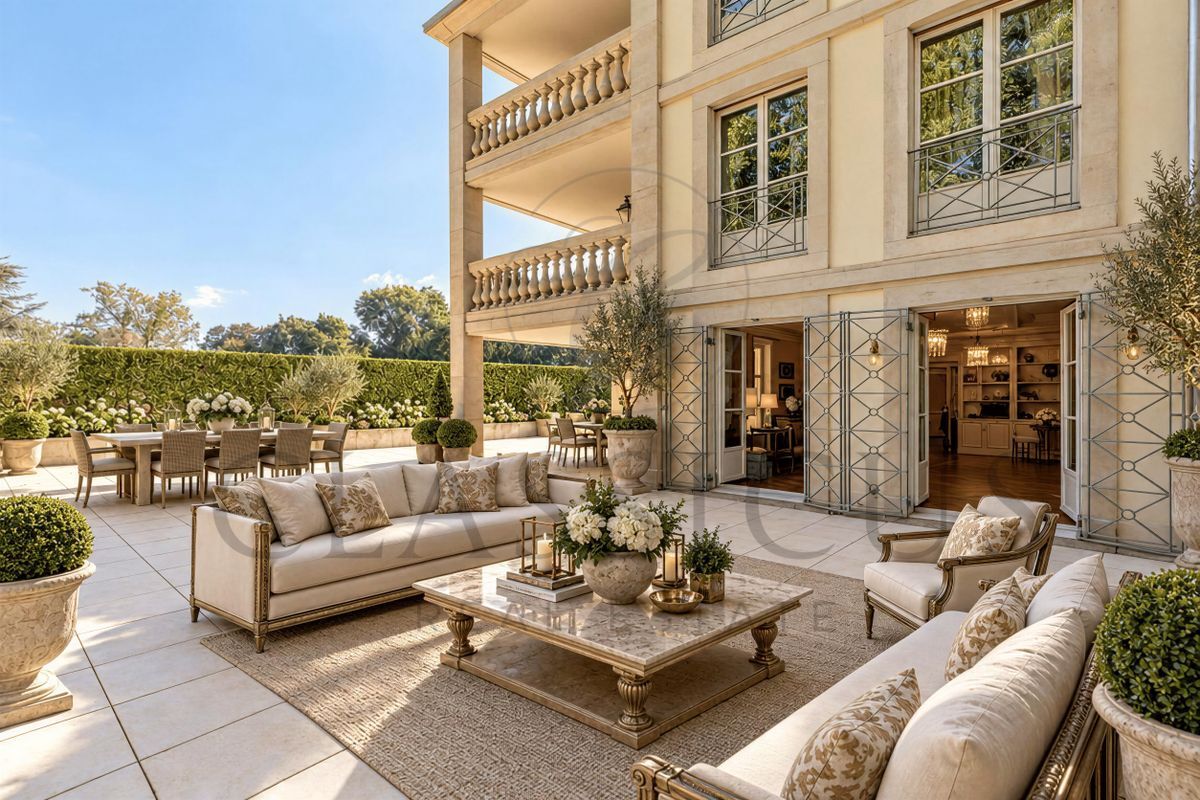 Terrasse élégante avec vue sur le jardin et mobilier extérieur.