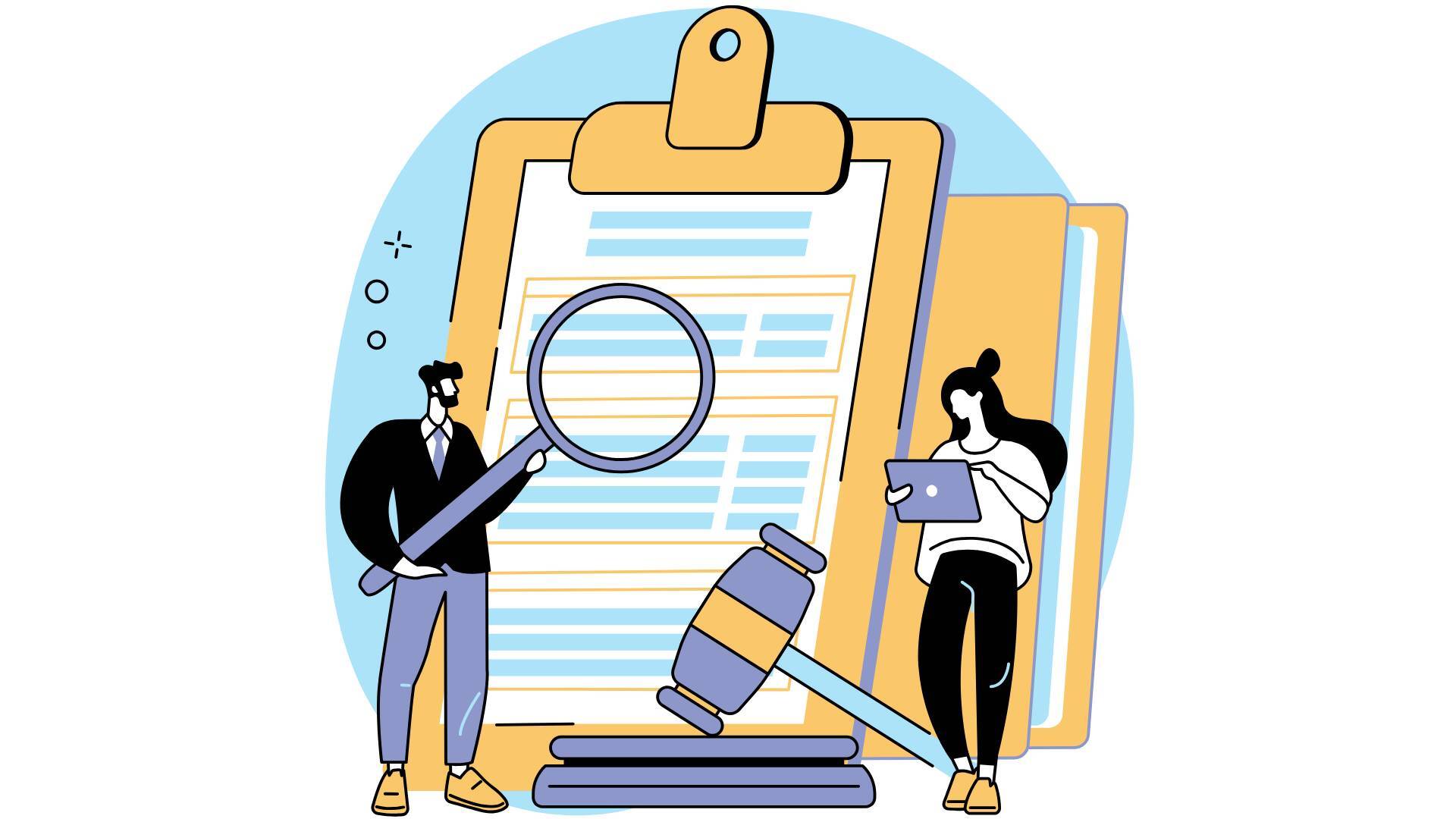 Eine Frau bestellt ihren Betreibungsregisterauszug online, während ein Angestellter ihn mit einer Lupe analysiert