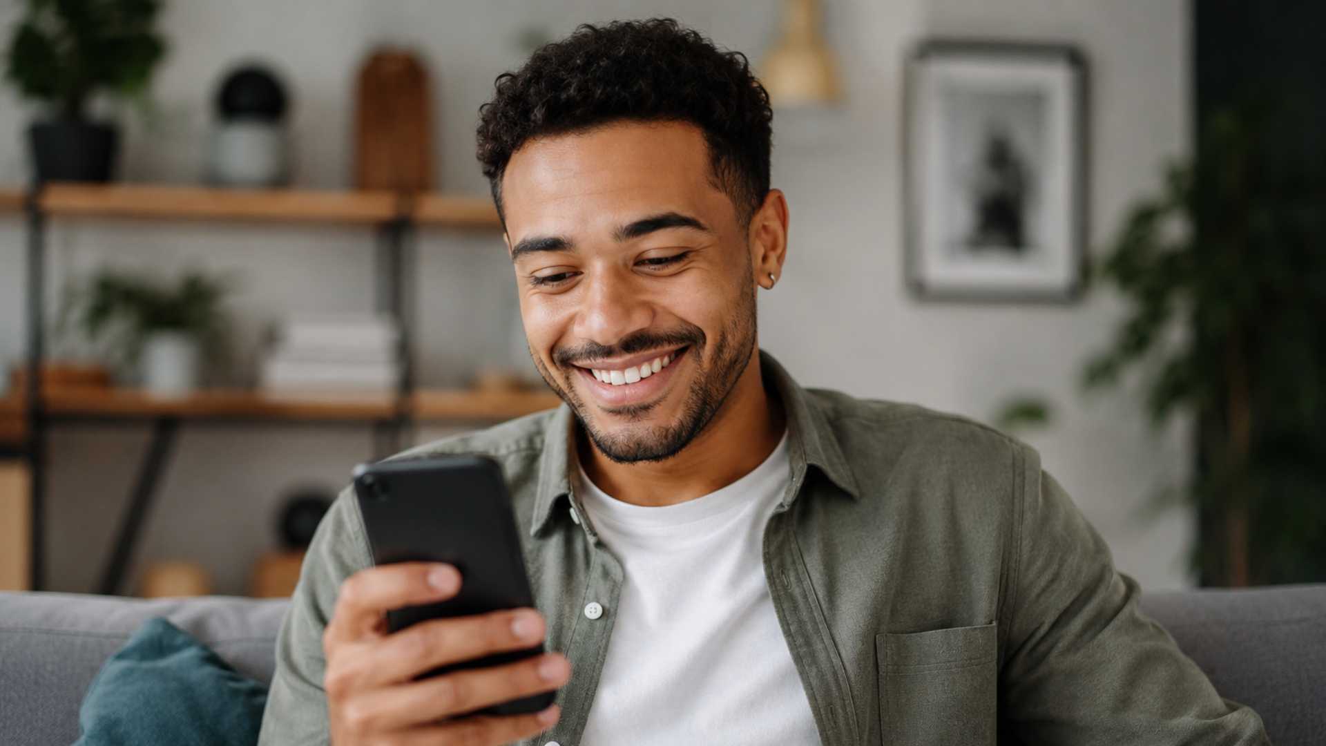 Homme souriant qui regarde son téléphone. 