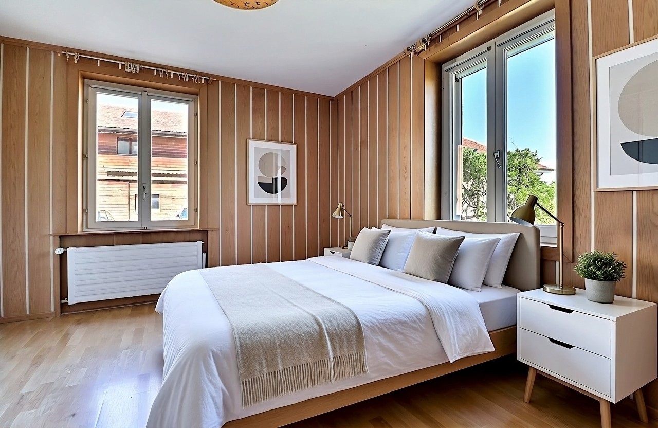 Chambre-appartement du rez-de-chaussée (simulation d'ameublement) Chambre-appartement du rez-de-chaussée (simulation d'ameublement)