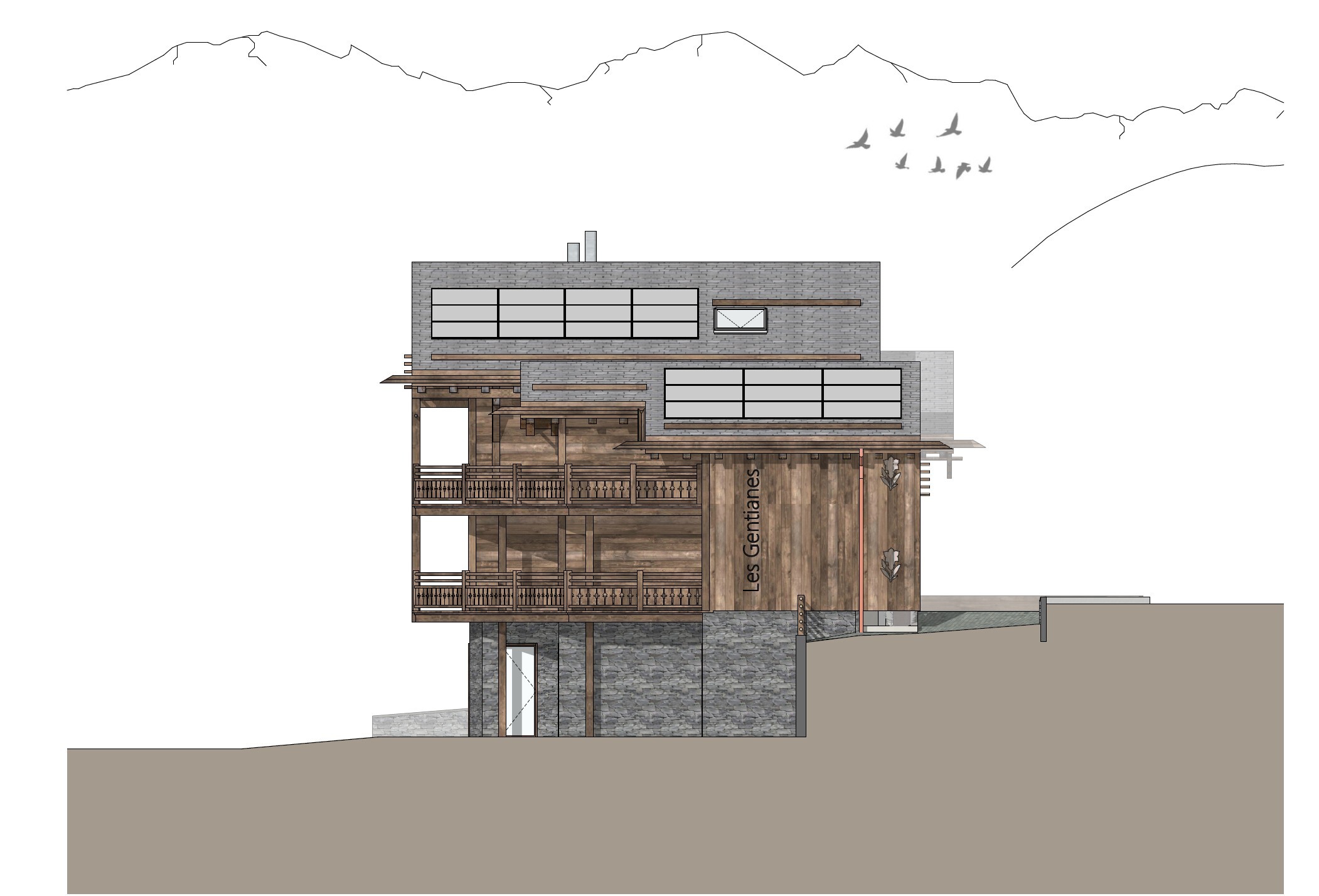 Façade latérale et volumes – Appartement Gentianes Duplex Combles - Verbier Façade latérale et volumes – Appartement Gentianes Duplex Combles - Verbier