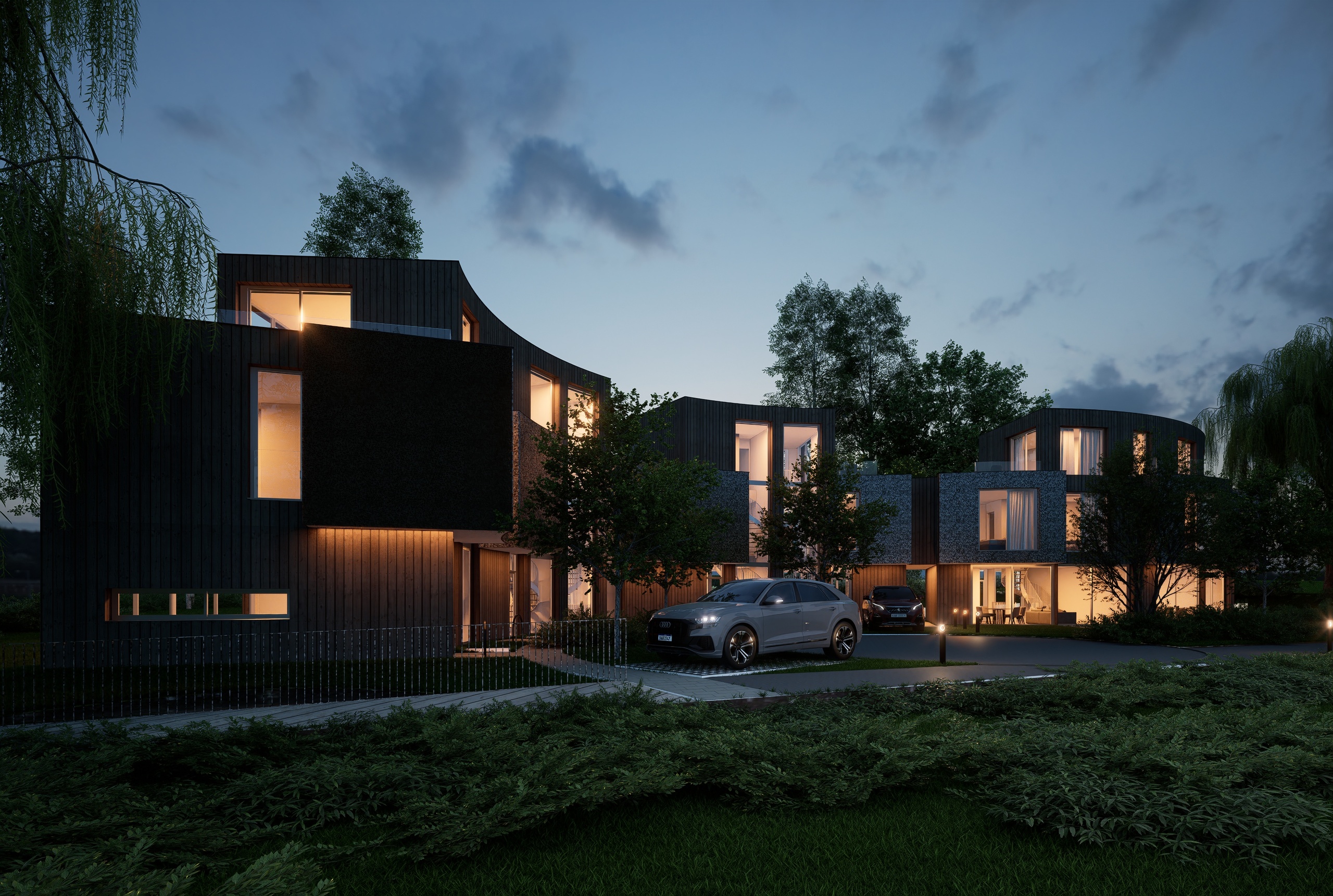 photo de la maison moderne de nuit vue de la voiture photo de la maison moderne de nuit vue de la voiture