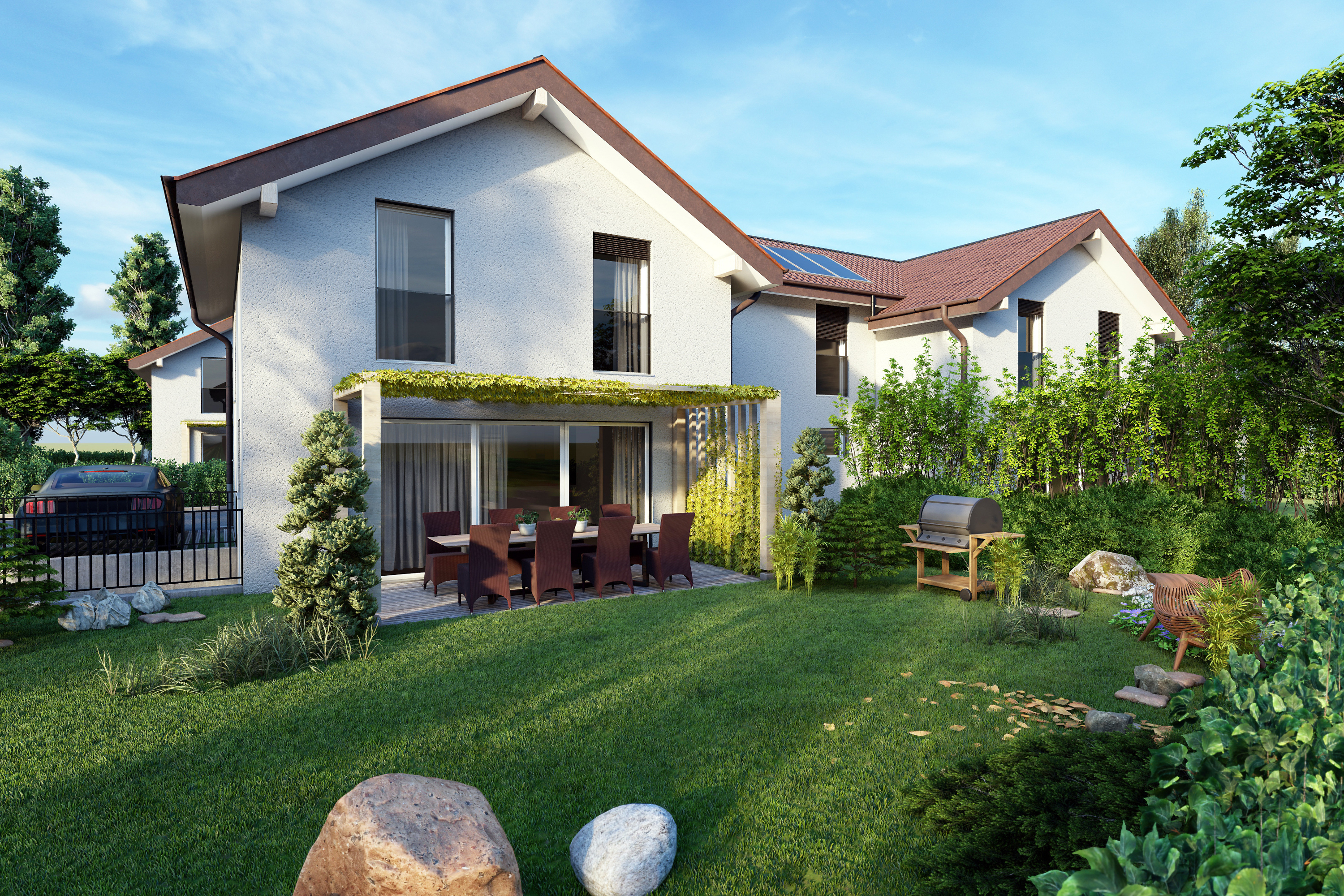 Construction de 4 maisons jumelées par les garages aux Cullayes : l'extérieur.