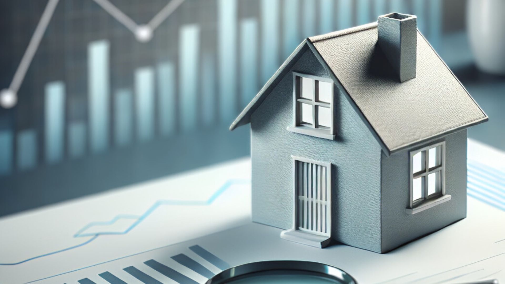 Model house in front of charts illustrating property price developments and trends in the Swiss real estate market.