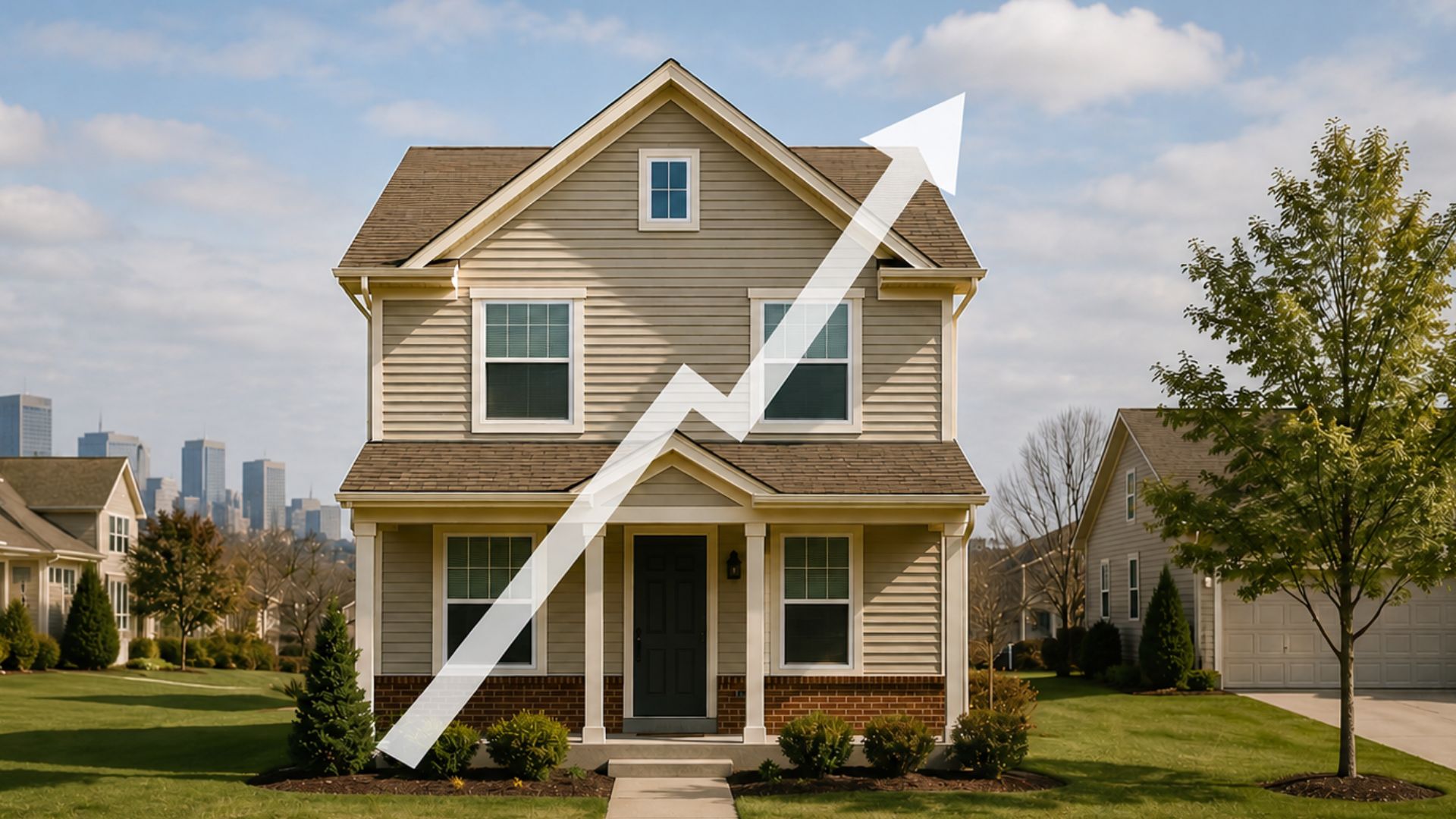 Single-family home with an upward arrow illustrating rising prices and fluctuations in the Swiss real estate market.
