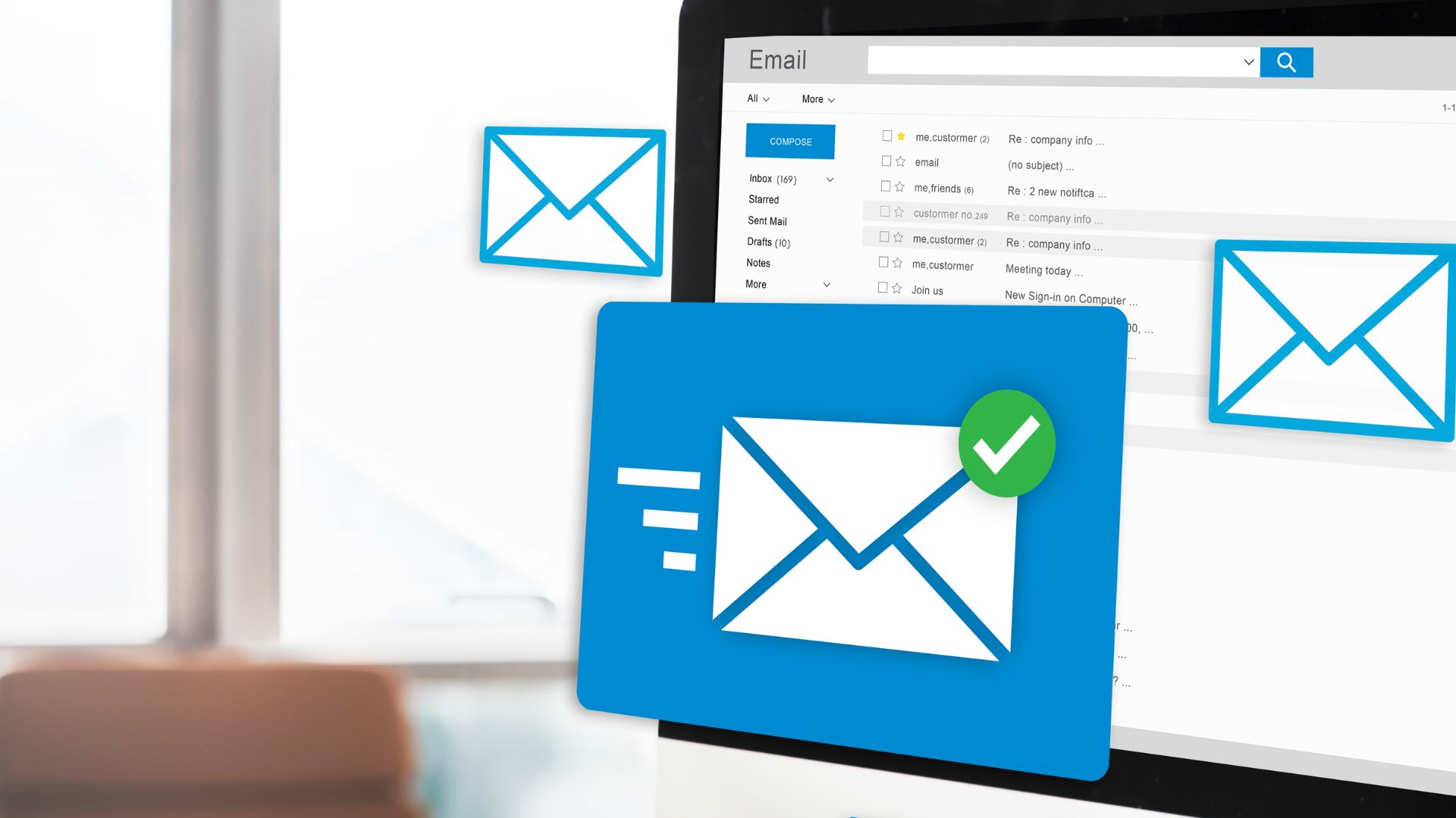 Illustration of professional email tracking with delivery confirmation, representing the E-mails PRO module of the Immomig® real estate software.