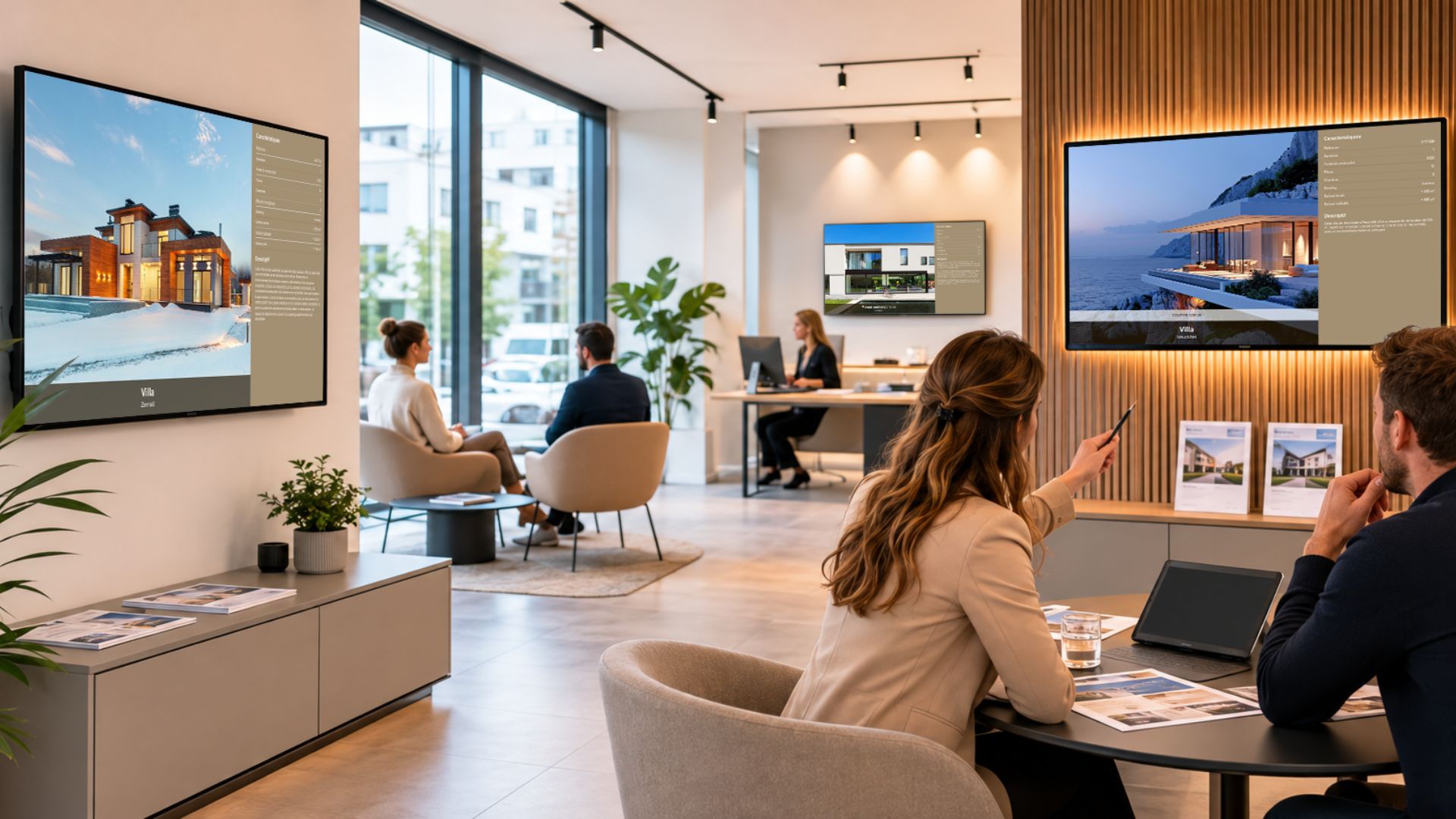 Agence immobilière utilisant le Diaporama TV d’Immomig® pour présenter ses biens sur plusieurs écrans.