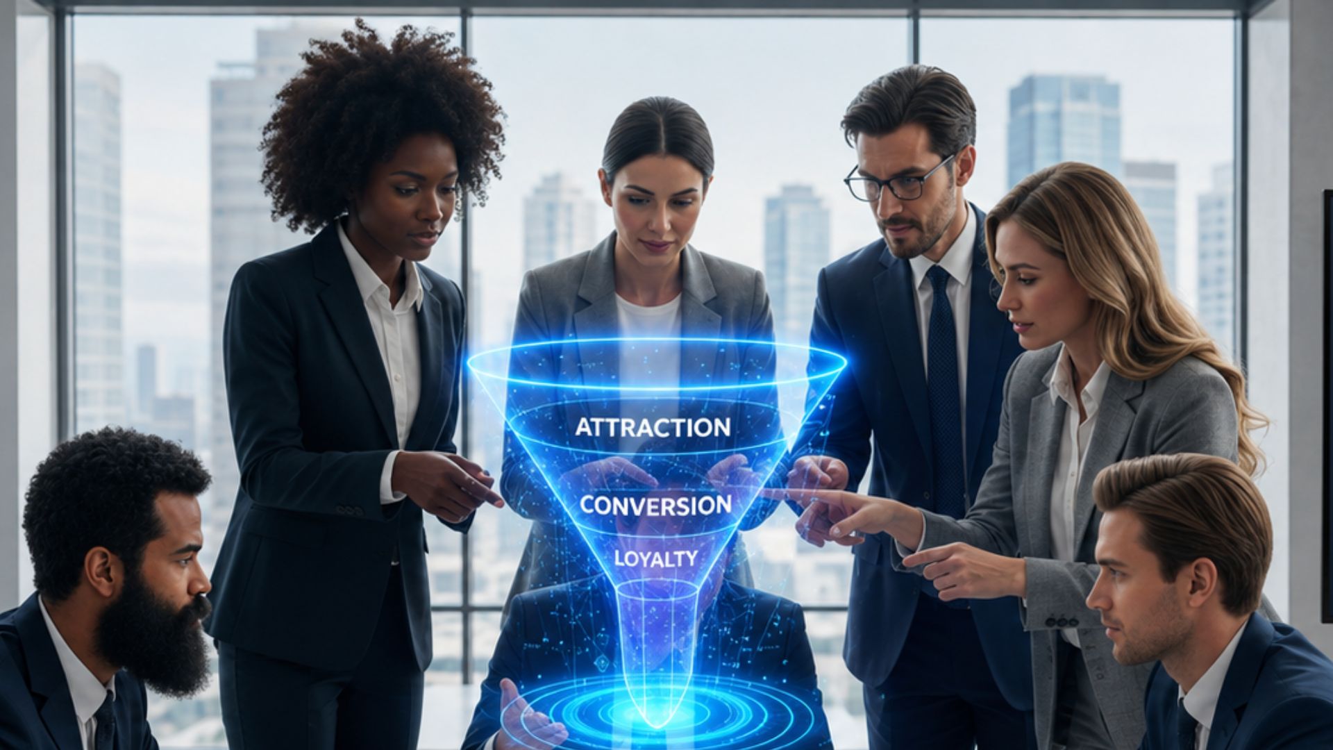 Real estate professionals analyzing the Immomig® Marketing Funnel to track prospects and optimize conversions.