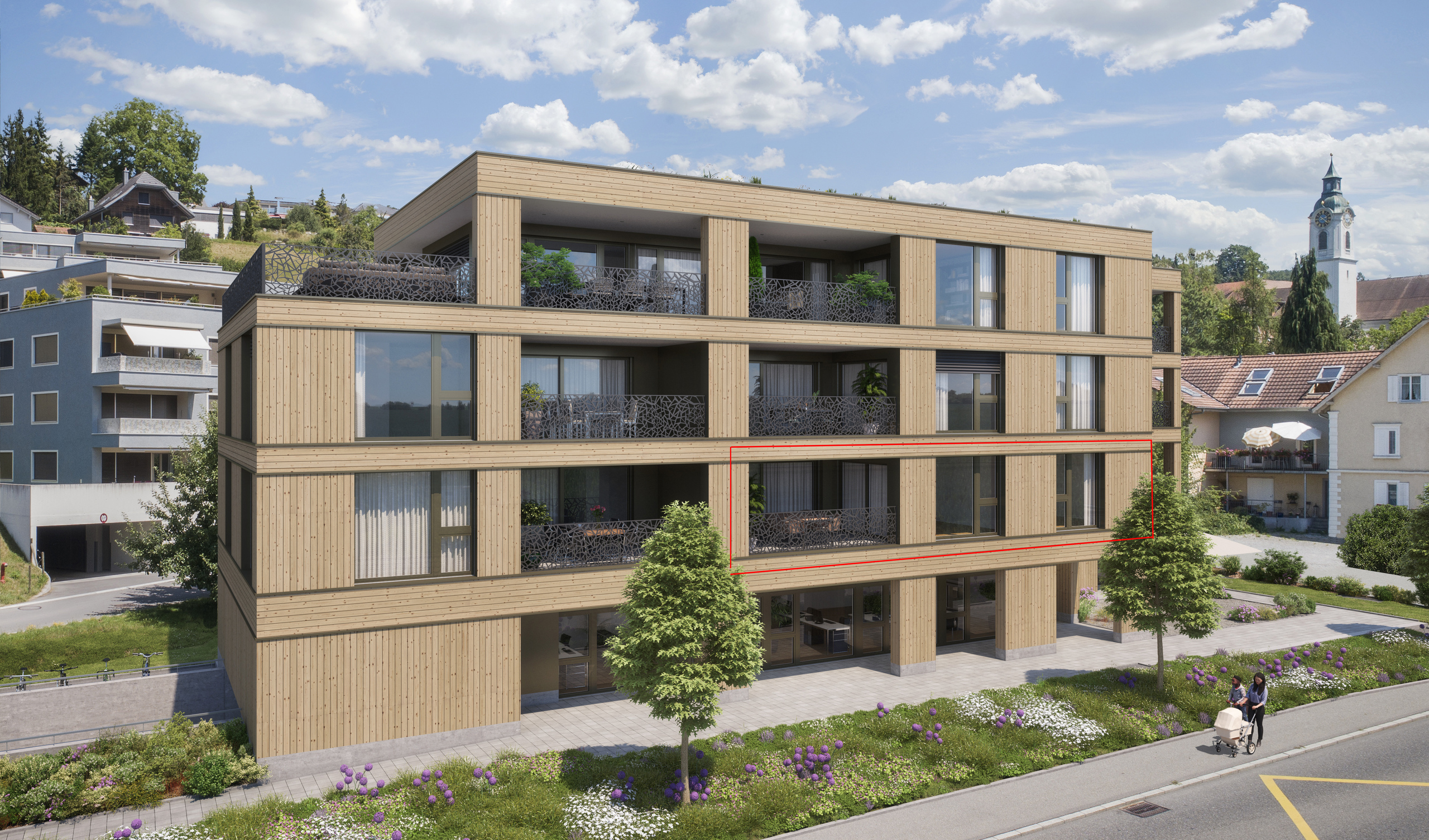 Hier sieht man das schöne Haus mit der Kennzeichnung der Wohnung im ersten Stock.