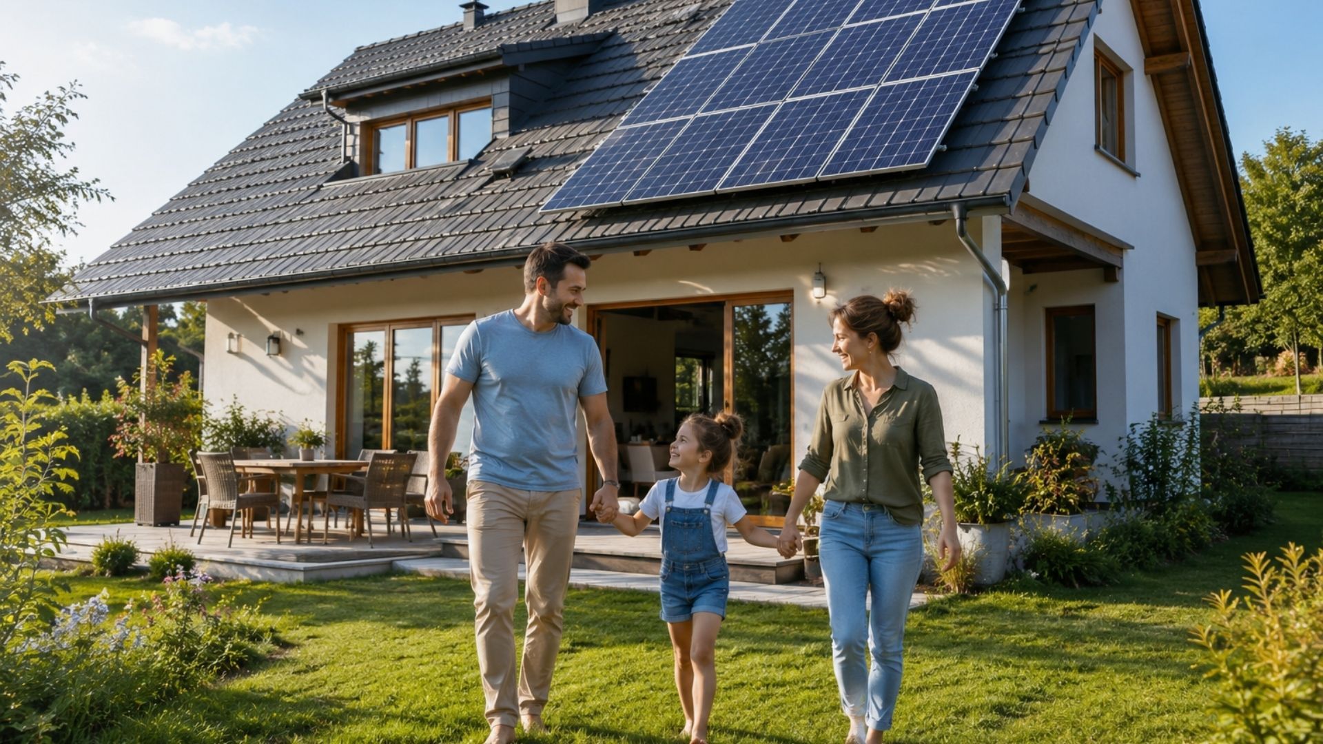 Famille devant une maison moderne équipée de panneaux solaires.