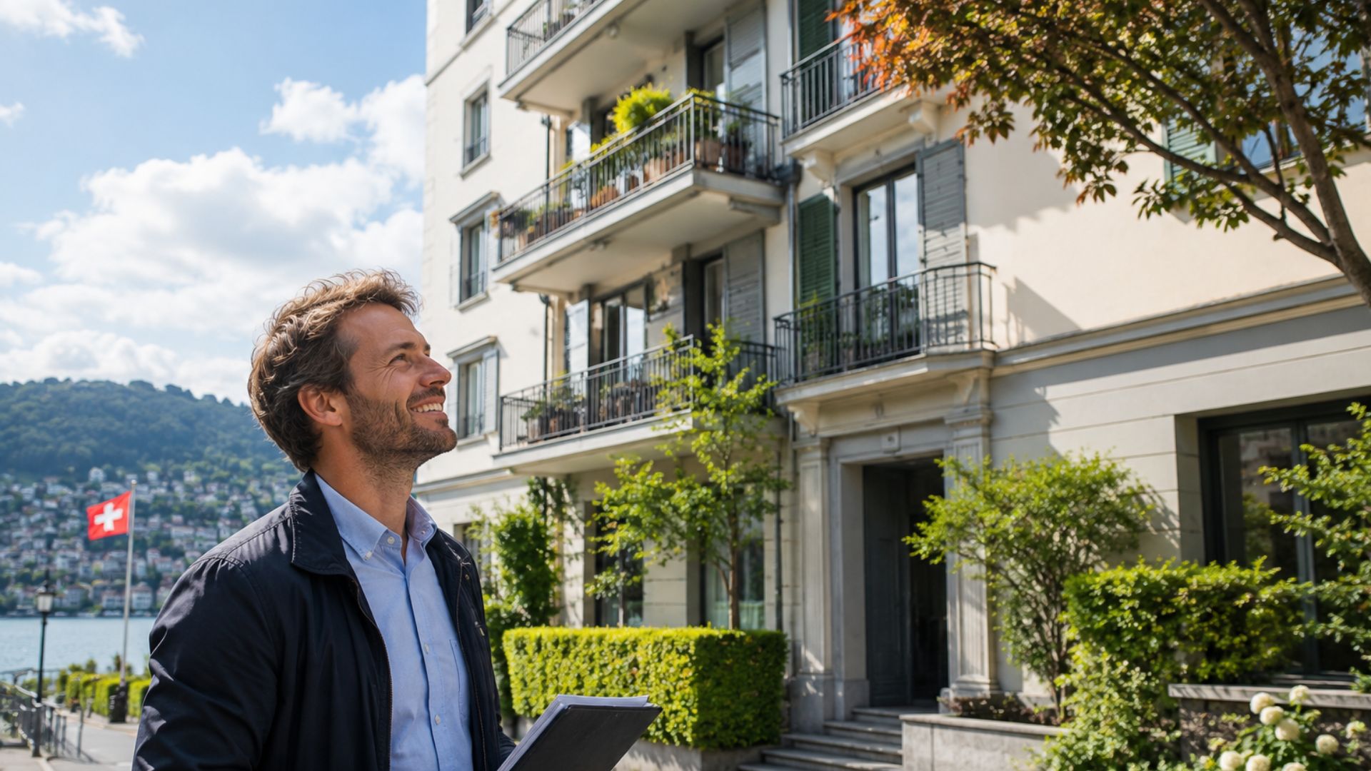 Investisseur immobilier devant un immeuble résidentiel en Suisse.