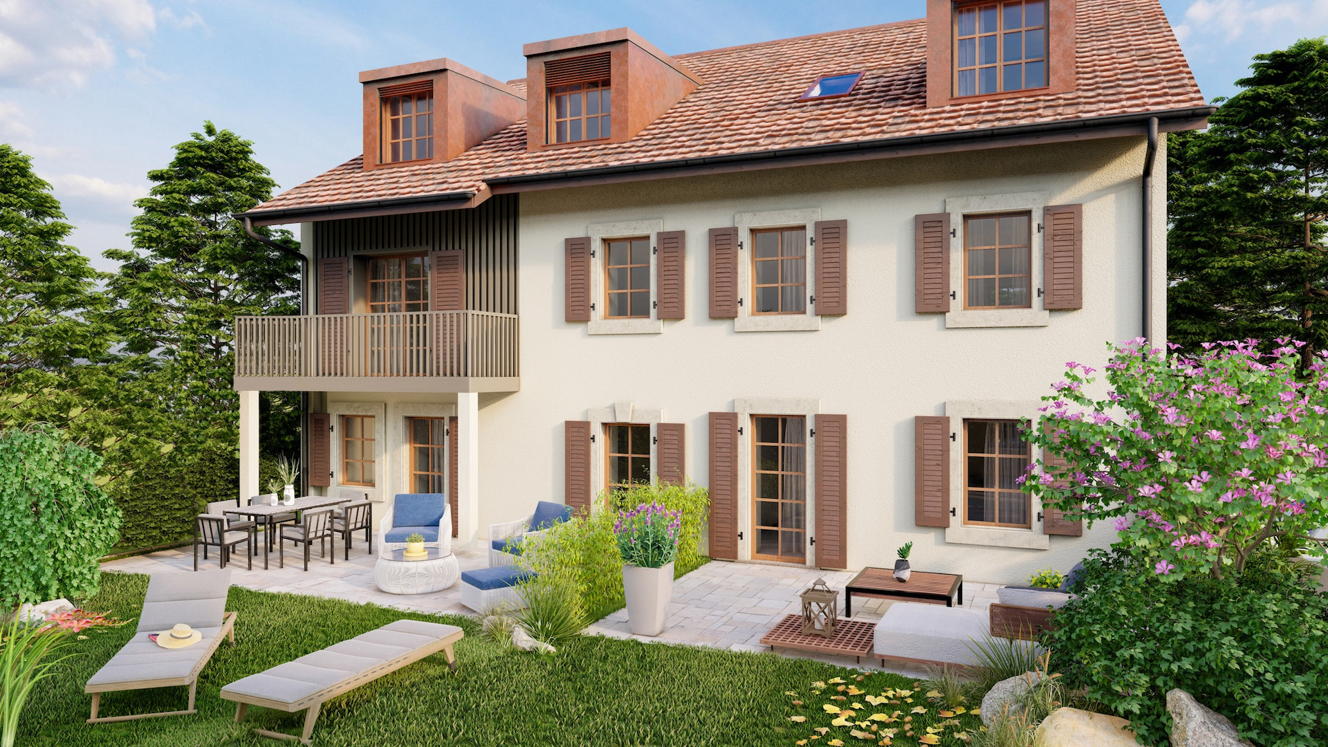 Rénovation de deux maisons mitoyennes à vendre en pierre naturelle à Romanel : l'extérieur.