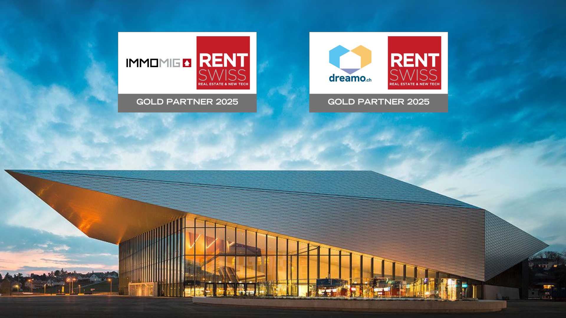 Bâtiment du SwissTech Convention Center de l'EPFL avec les logos IMMOMIG SA et dreamo.ch 