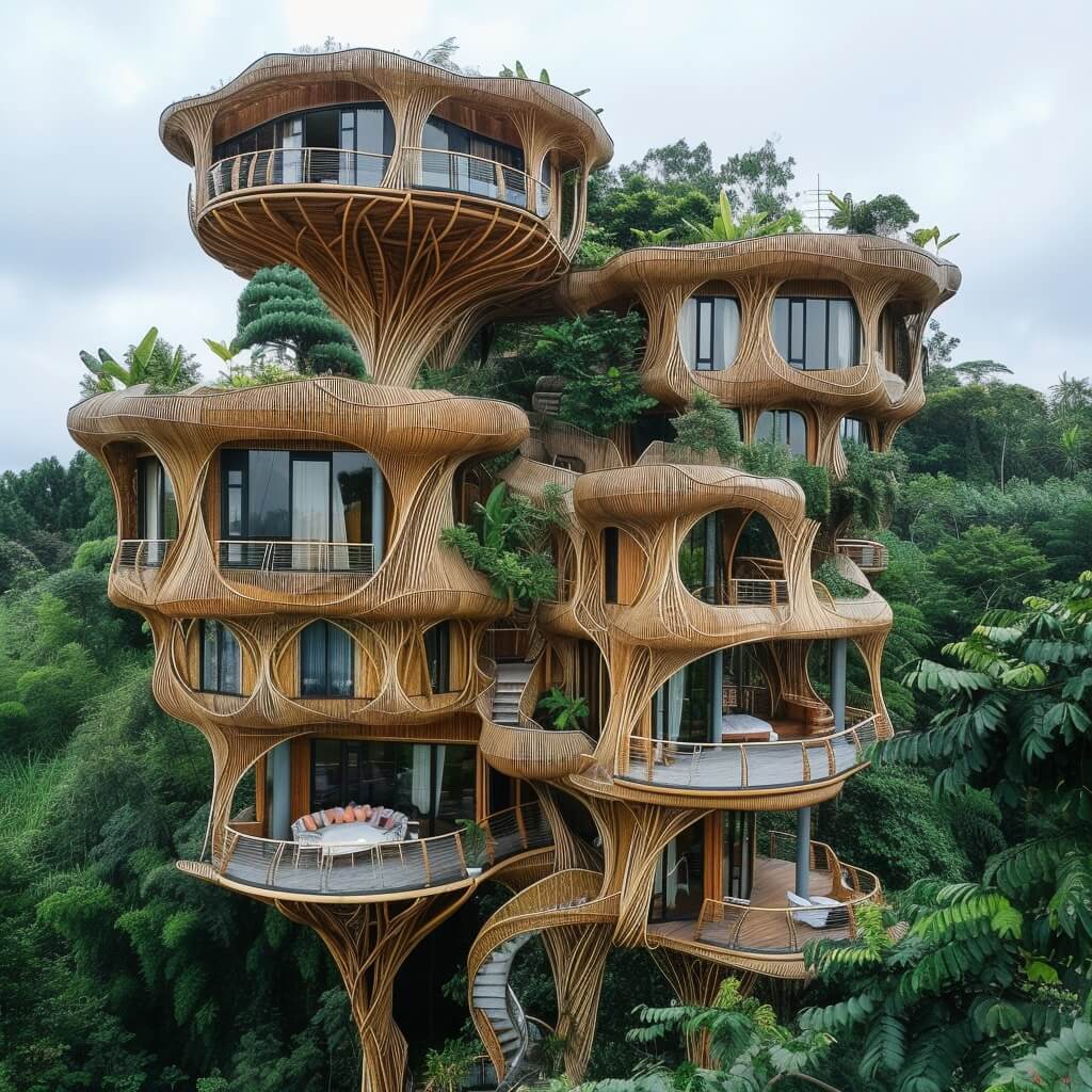 des maisons et des bâtiments insolites qui ressemblent à des arbres dans le monde entier