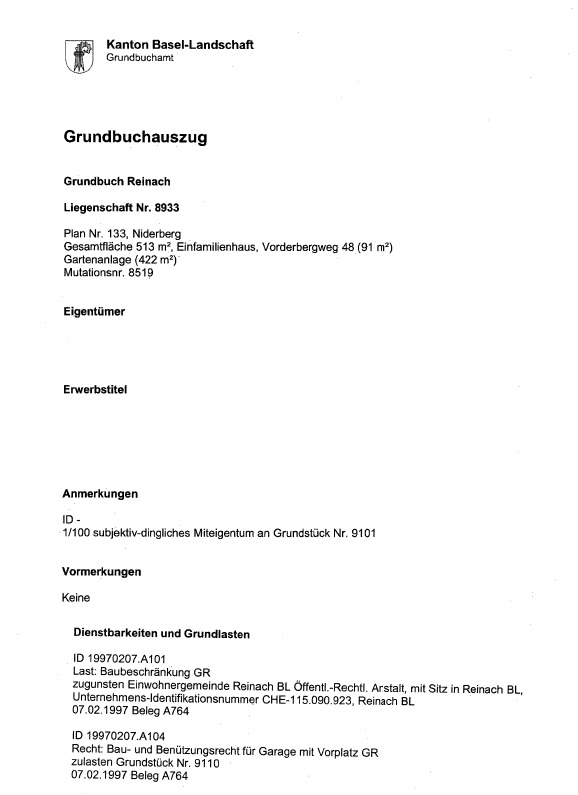 Grundbuchauszug Grundbuchauszug