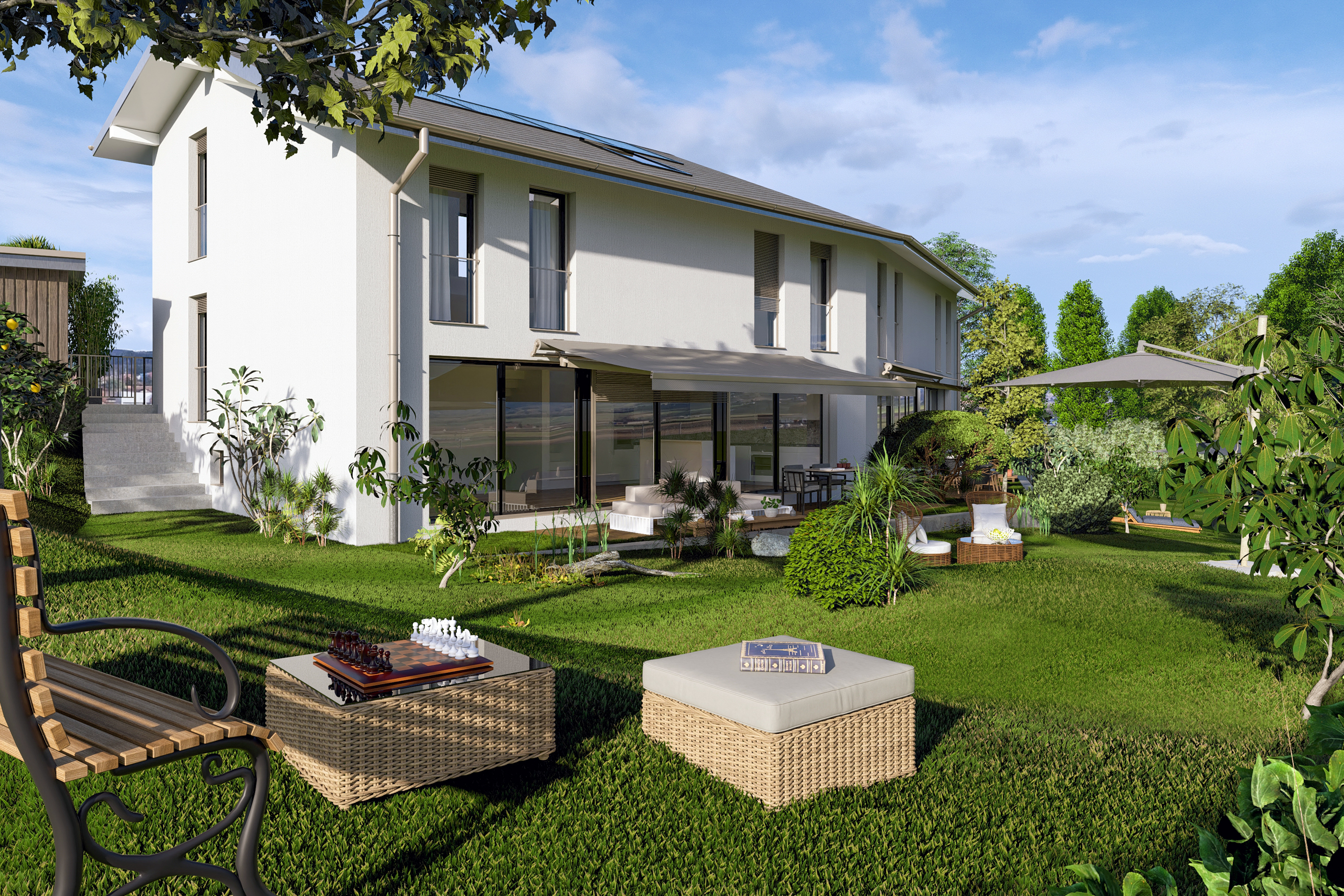Projet immobilier au Mont-sur-Lausanne avec appartements et maison à vendre, l'extérieur.
