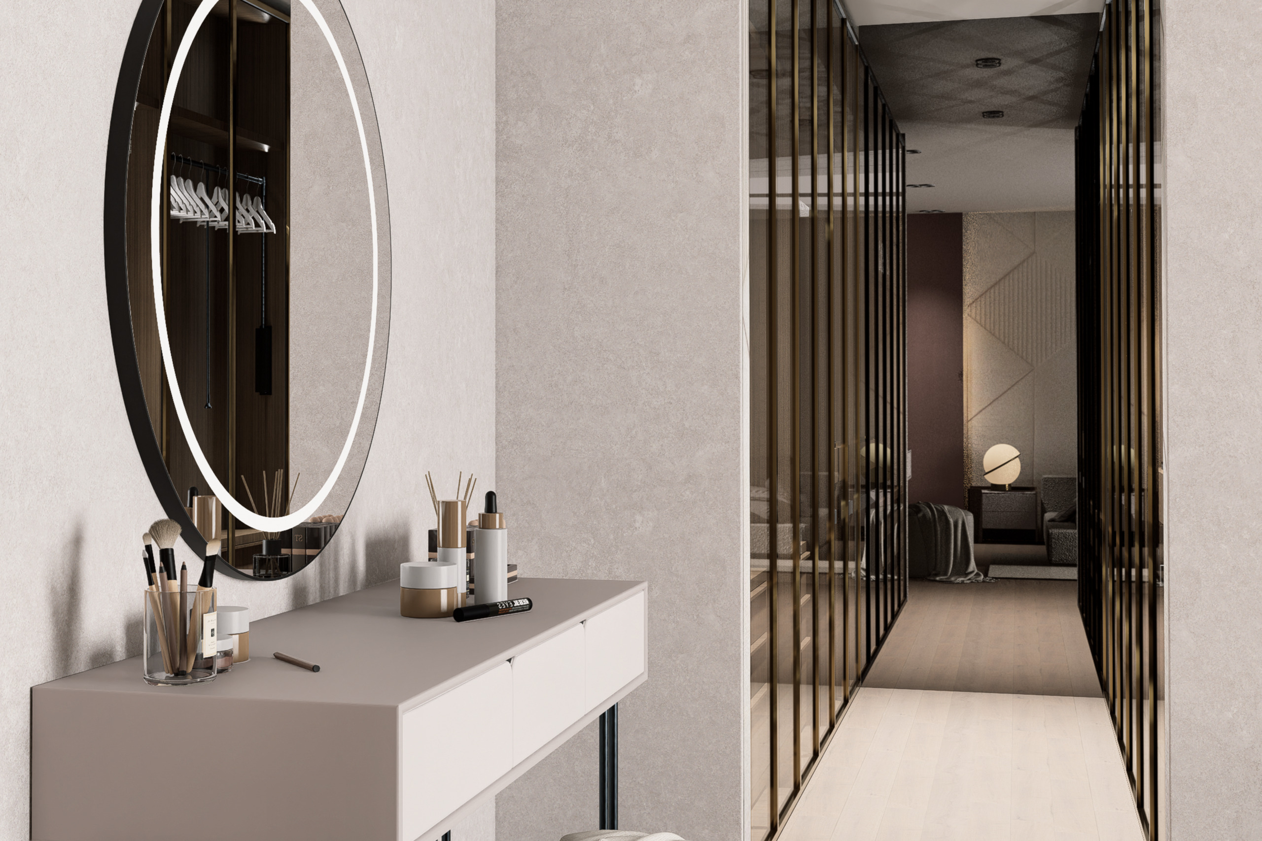 une salle de bains moderne avec des murs blancs et un grand miroir