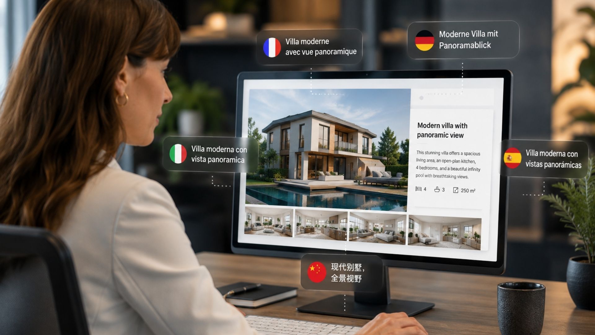 Real estate professional using multilingual computer-based real estate listings via SwissMLS and Immomig®, with automatic translation of property descriptions into several languages for international visibility on real estate portals.