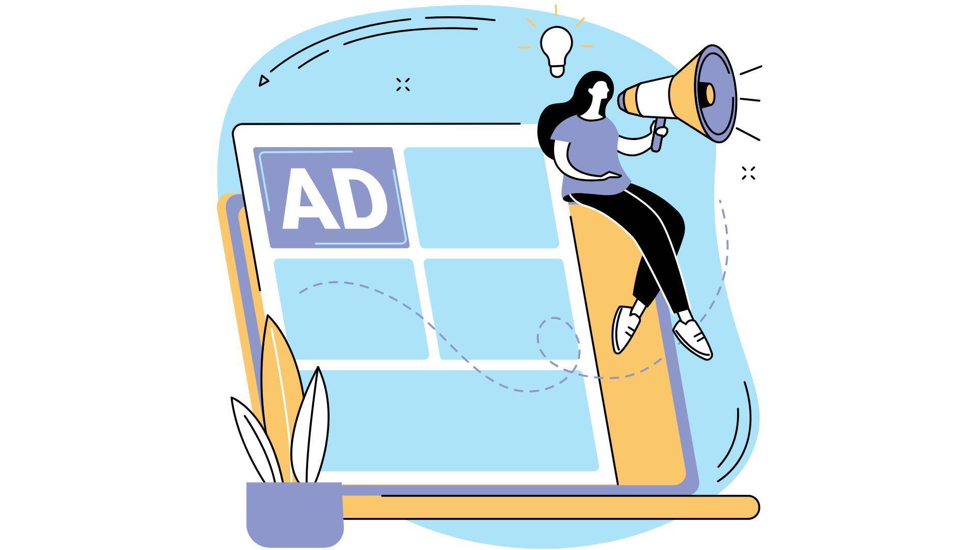 Une femme utilise un mégaphone pour promouvoir une annonce via les bannières publicitaires sur dreamo.ch, atteignant ainsi un large public