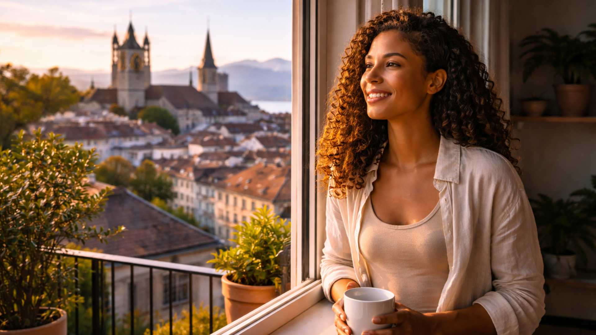 Lächelnde Frau blickt aus dem Fenster auf Lausanne mit Blick auf die Altstadt und den See bei Sonnenuntergang.