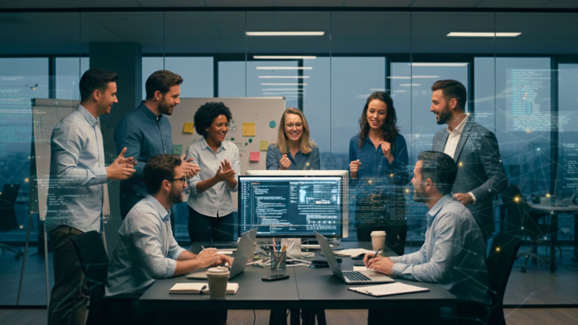 A team of professionals gathered around a computer workstation, illustrating IMMOMIG SA’s technological innovations and software developments.