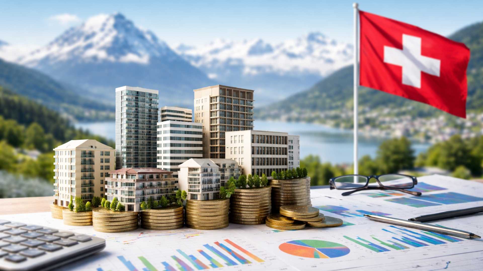 Illustration réaliste représentant un portefeuille immobilier suisse diversifié, avec plusieurs immeubles résidentiels et commerciaux posés sur des piles de pièces, sur fond de paysages alpins suisses.