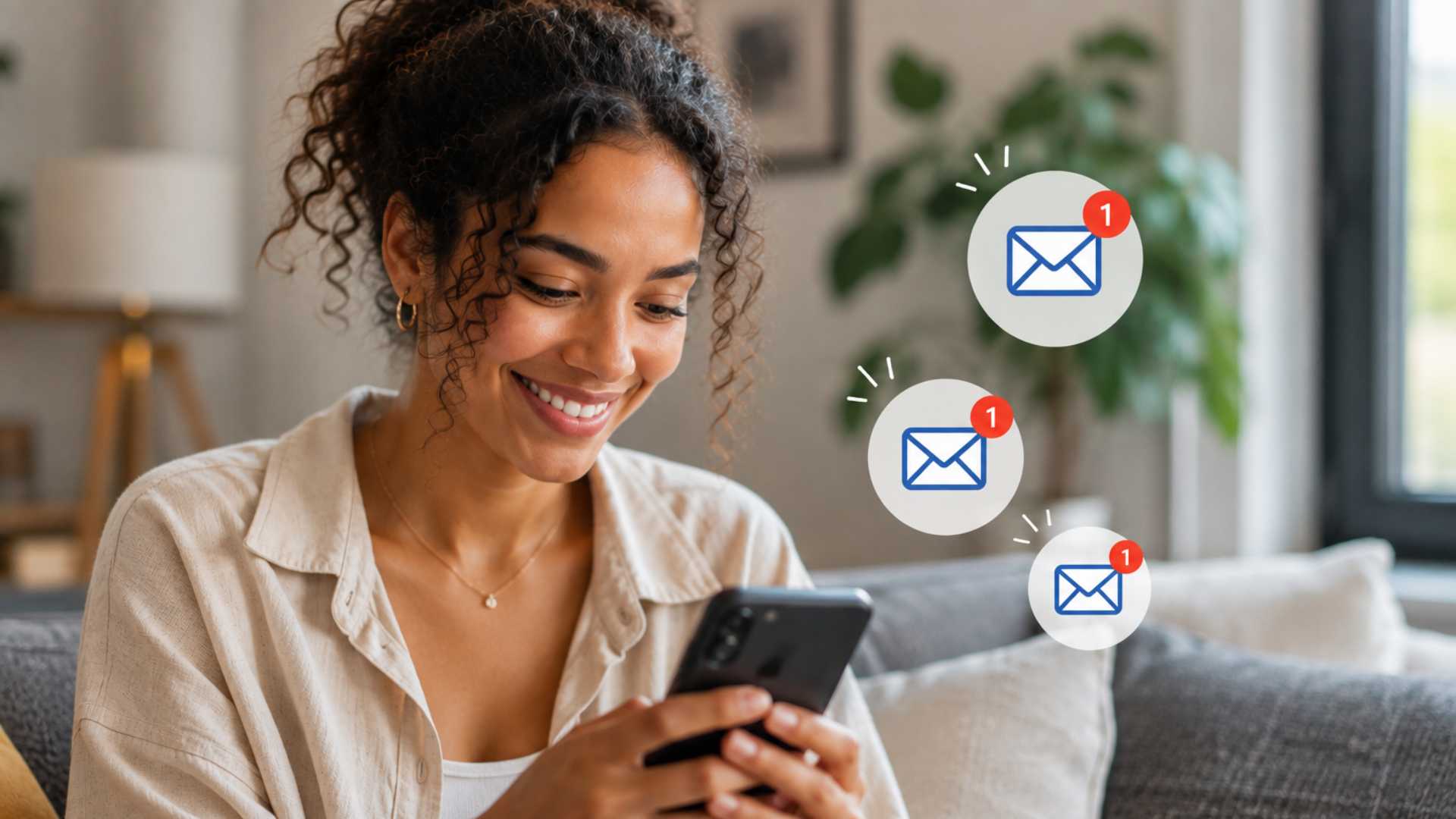 Une jeune femme sourit en consultant son smartphone tandis que plusieurs notifications d'e-mails apparaissent à l'écran, symbolisant les alertes immobilières de dreamo.ch.