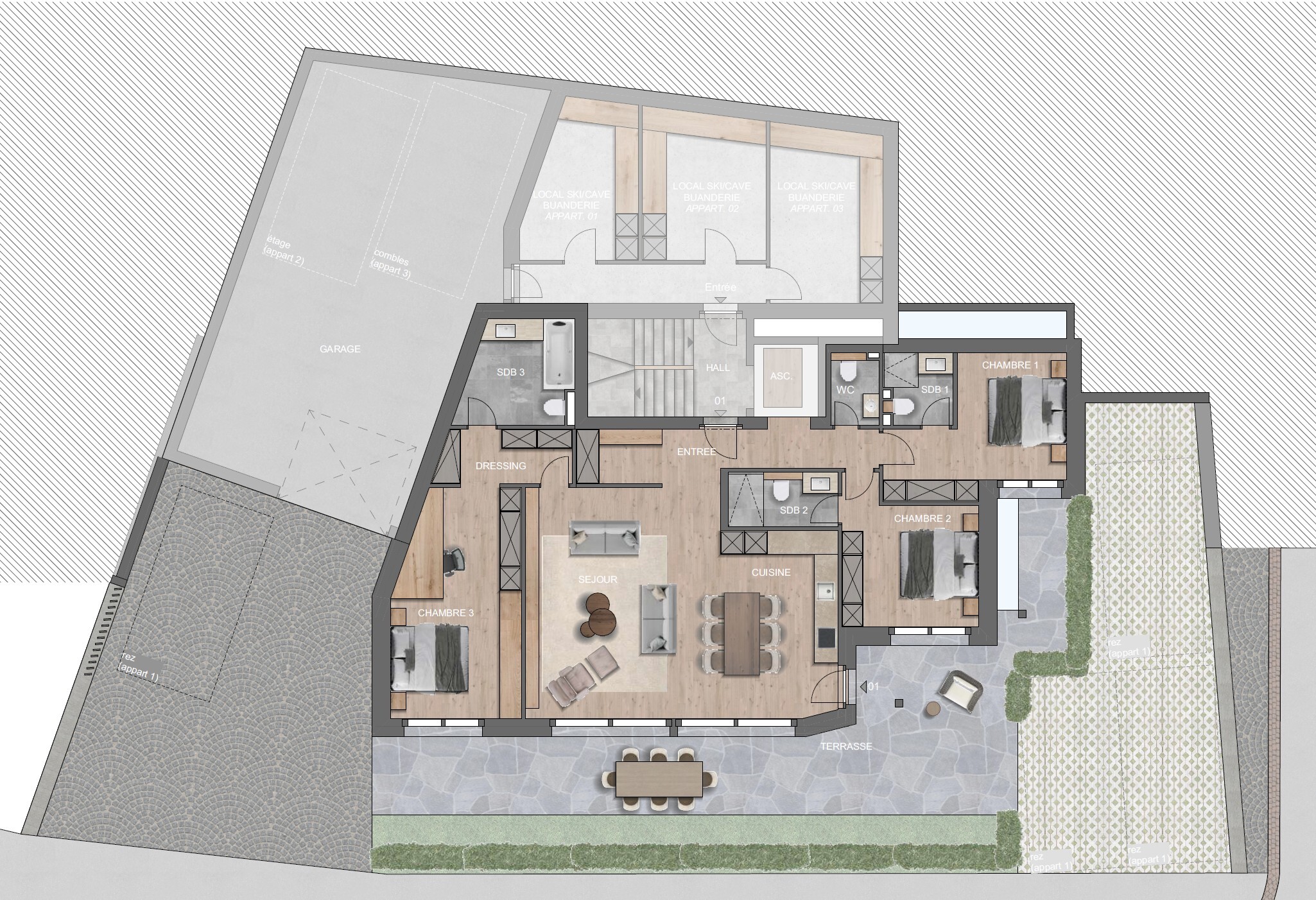 Plan de l’appartement avec terrasse et accès garage – Résidence Les Gentianes - Verbier