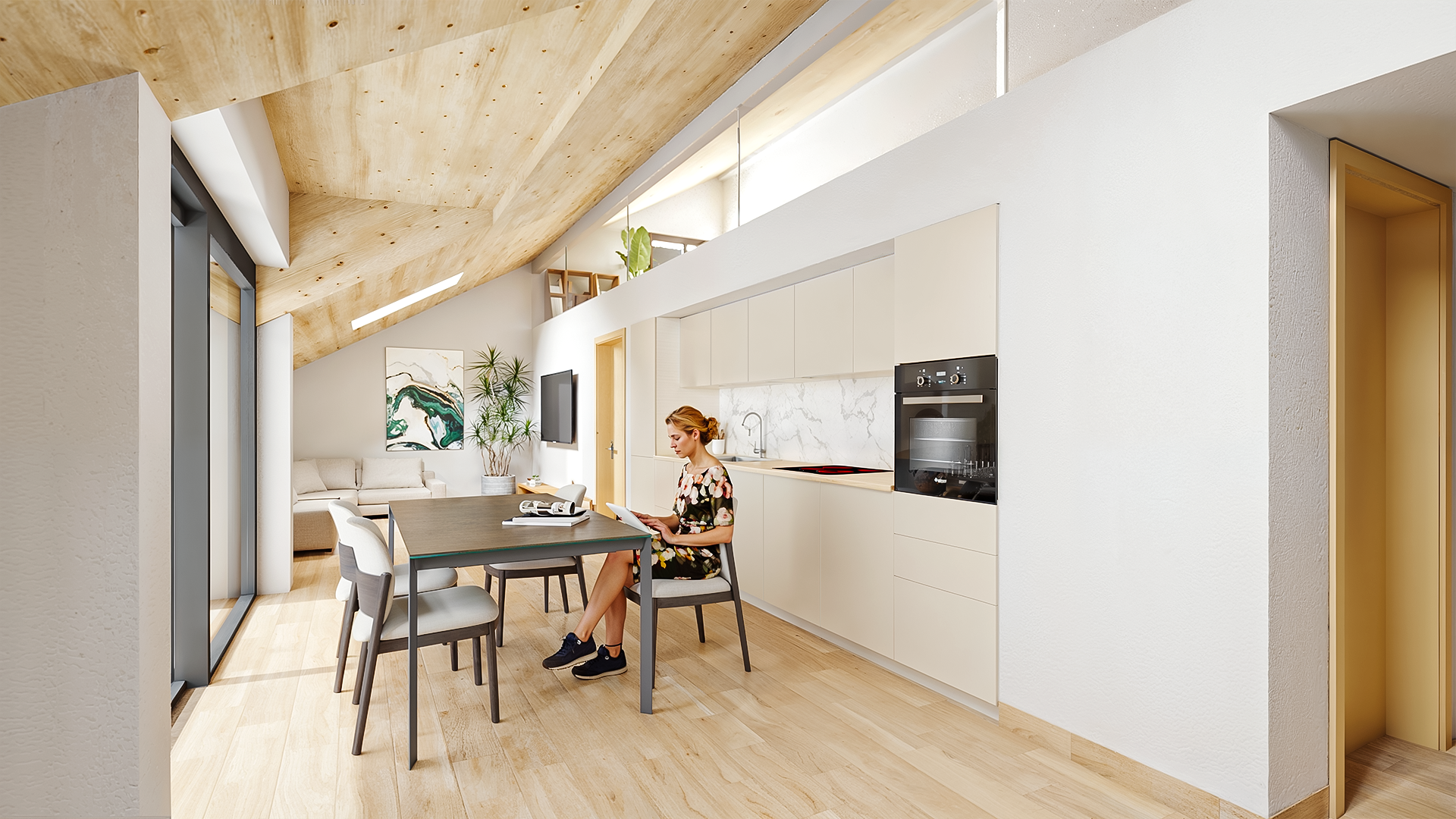 Dans les combles, lumineux 3.5 avec vélux électriques, pompe à chaleur et free cooling pour des étés au frais.
Dans un petit immeuble de 9 appartements entouré de verdure.